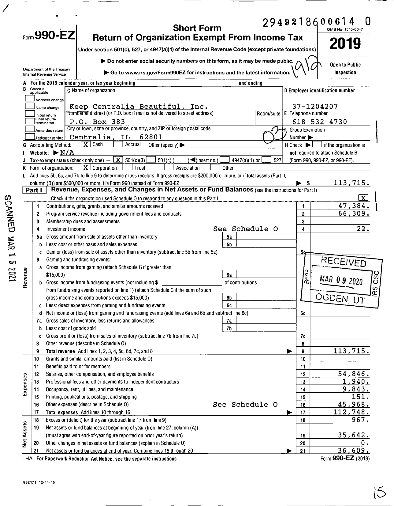 Image of first page of 2019 Form 990EZ for Keep Centralia Beautiful