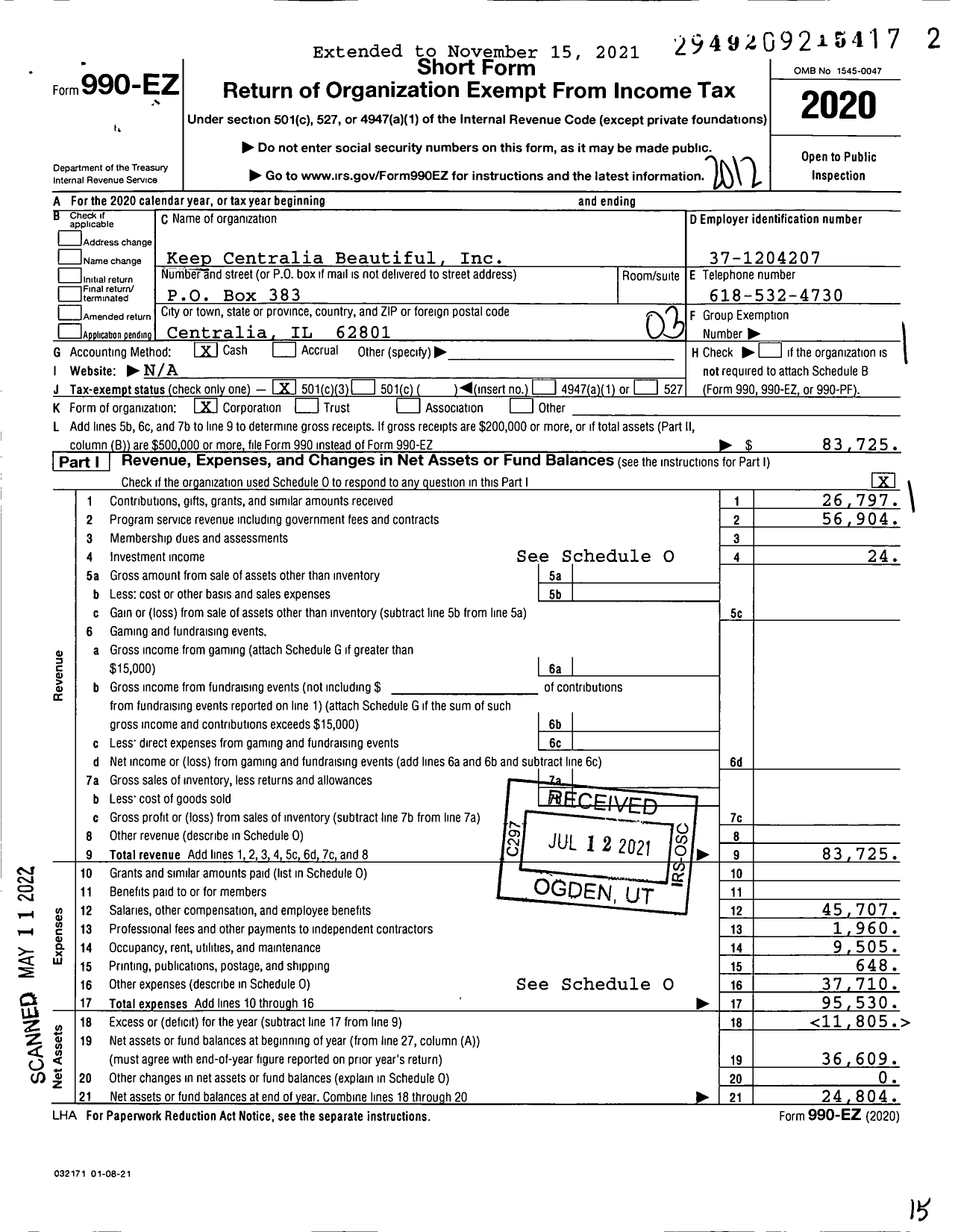 Image of first page of 2020 Form 990EZ for Keep Centralia Beautiful