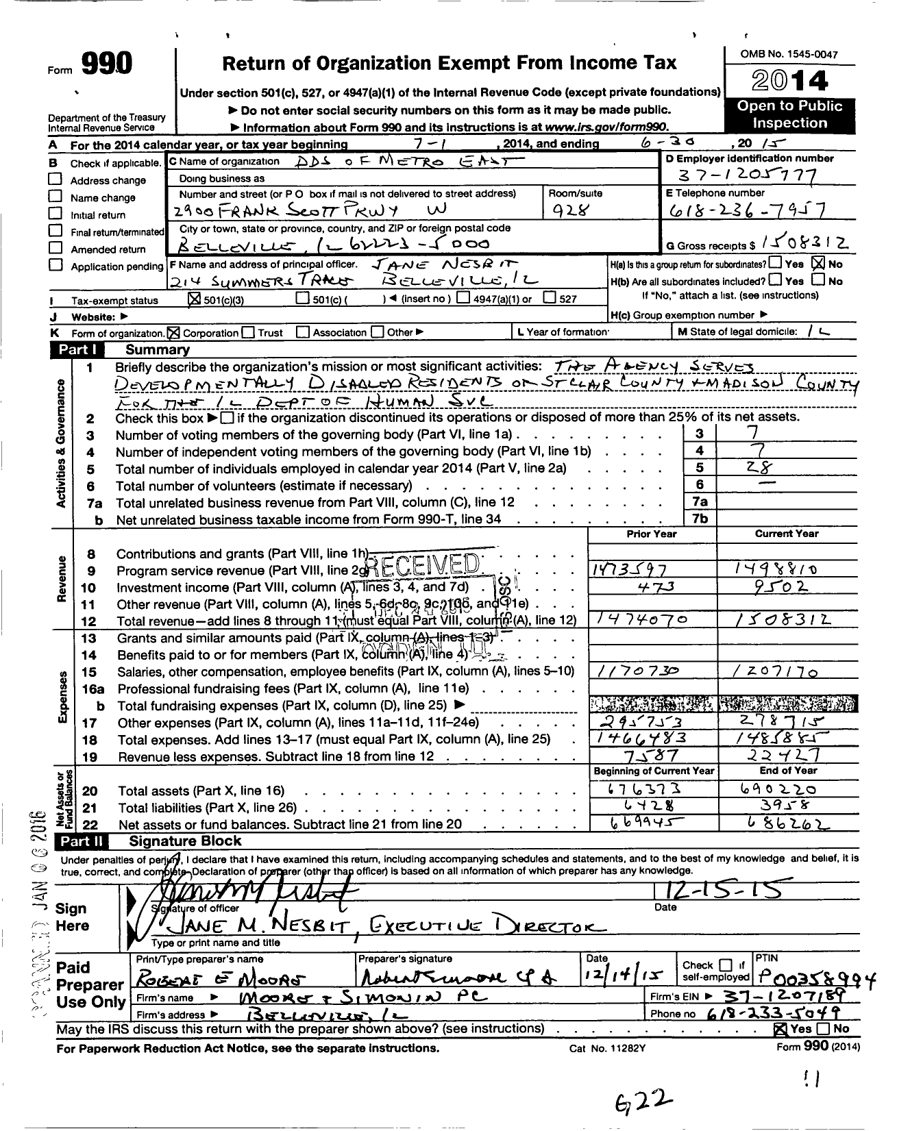 Image of first page of 2014 Form 990 for DDS of Metro East