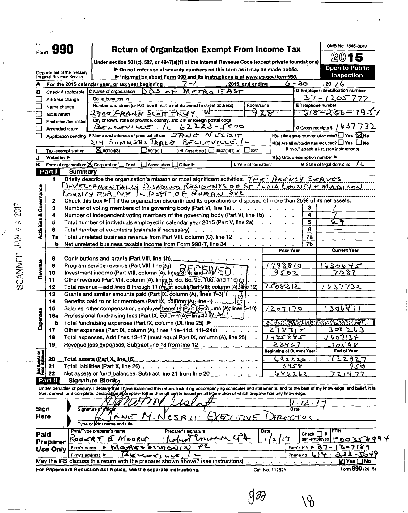 Image of first page of 2015 Form 990 for DDS of Metro East