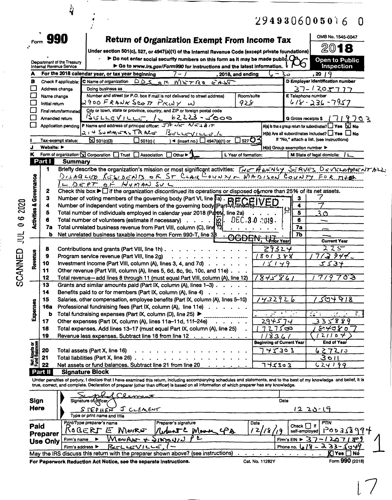 Image of first page of 2018 Form 990 for DDS of Metro East