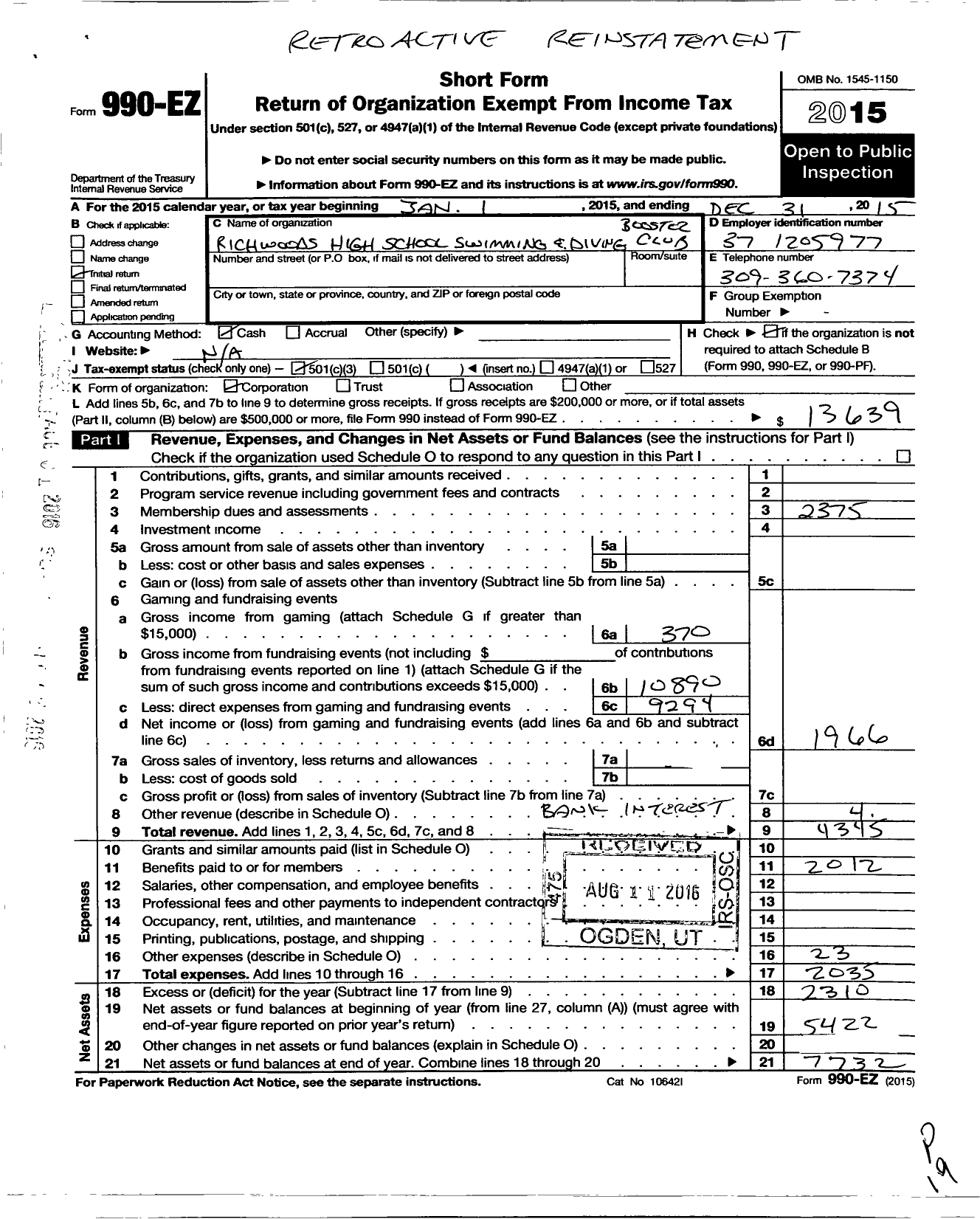 Image of first page of 2015 Form 990EZ for Richwoods High School Swimming and Diving Boosters Club