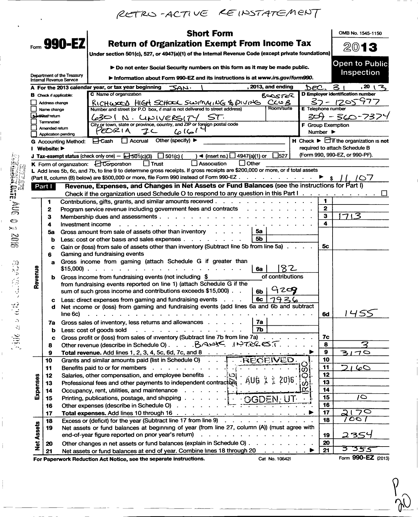 Image of first page of 2013 Form 990EZ for Richwoods High School Swimming and Diving Boosters Club