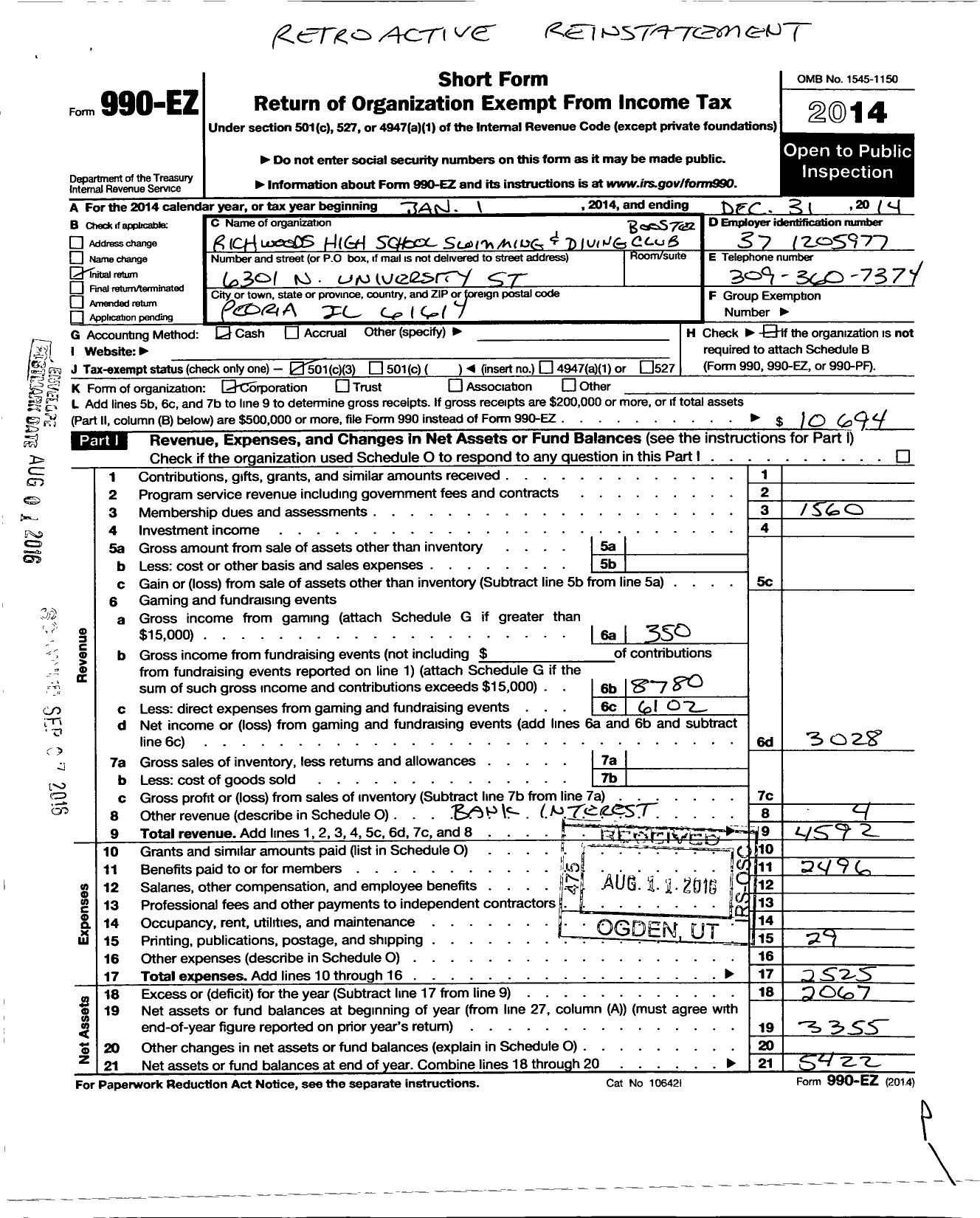 Image of first page of 2014 Form 990EZ for Richwoods High School Swimming and Diving Boosters Club