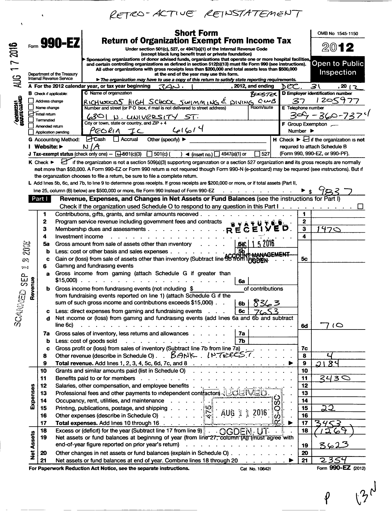 Image of first page of 2012 Form 990EZ for Richwoods High School Swimming and Diving Boosters Club