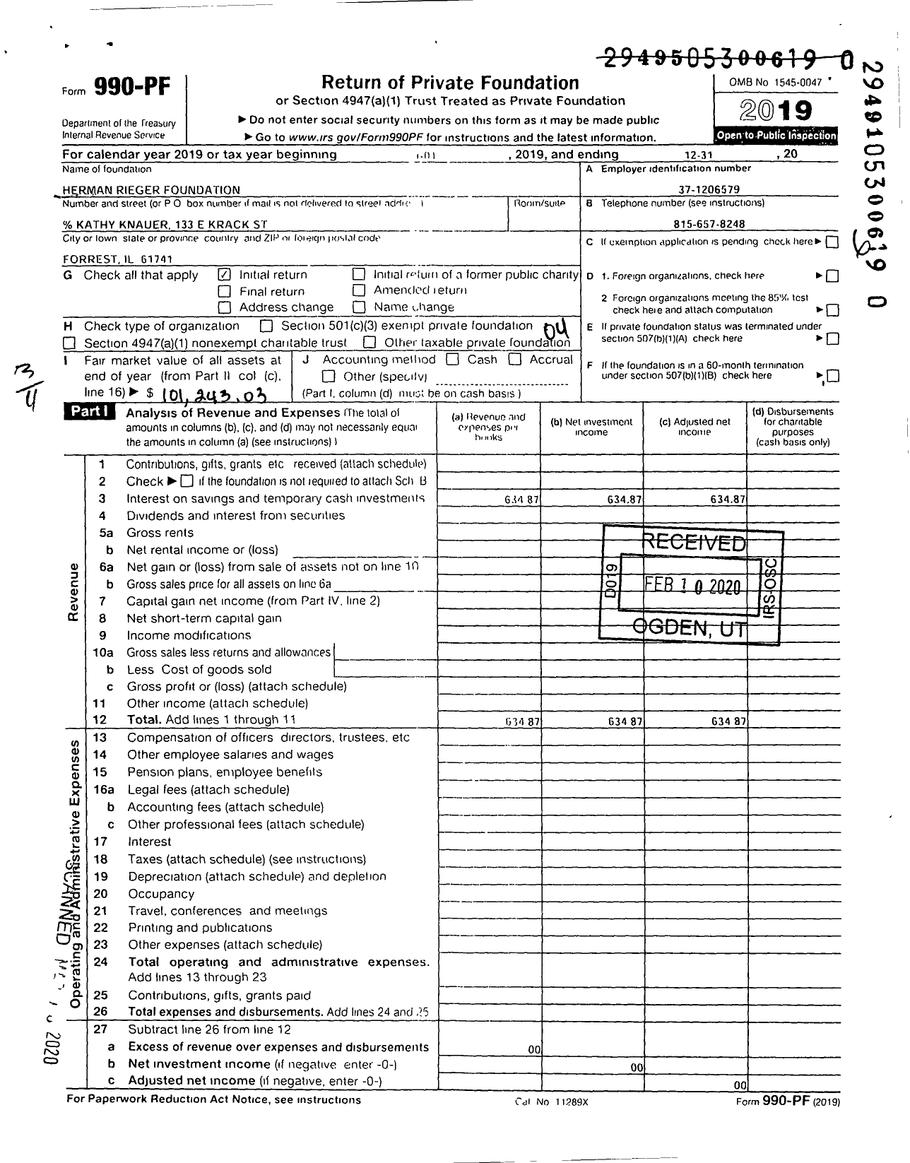 Image of first page of 2019 Form 990PR for Herman Rieger Foundation