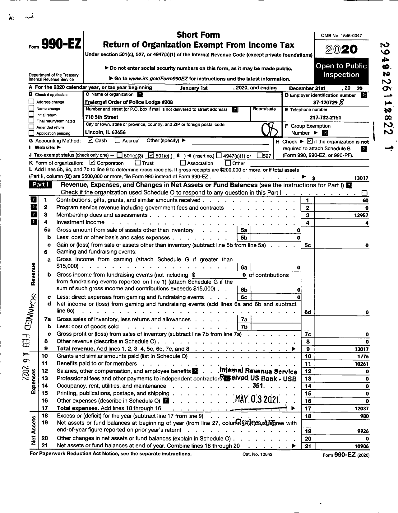 Image of first page of 2020 Form 990EO for Fraternal Order of Police - 208 Lincoln City Police Lodge