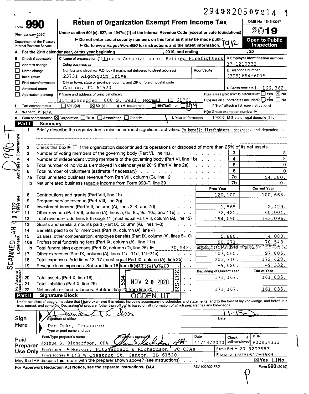 Image of first page of 2019 Form 990O for Illinois Association of Retired Firefighters