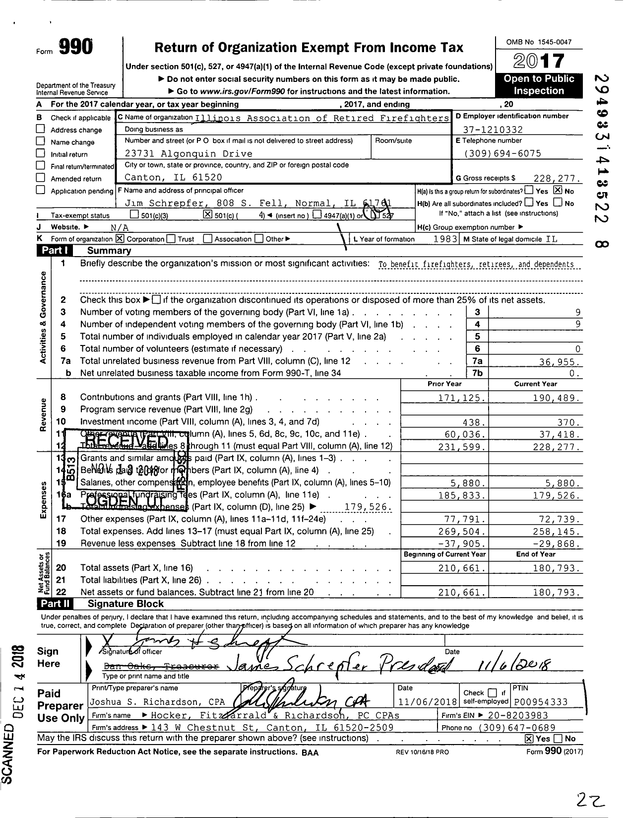 Image of first page of 2017 Form 990O for Illinois Association of Retired Firefighters