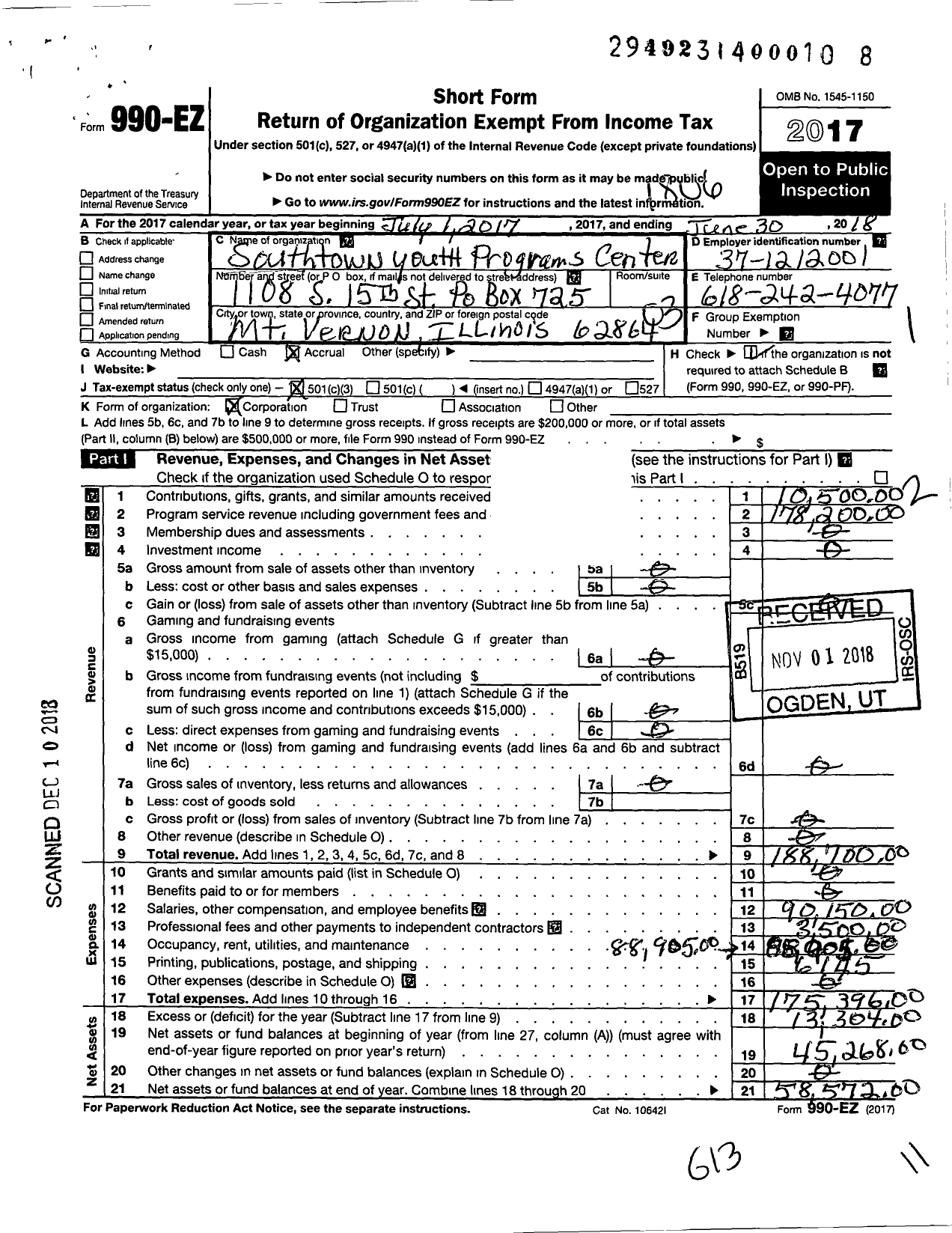 Image of first page of 2017 Form 990EZ for Southtown Youth Programs Center