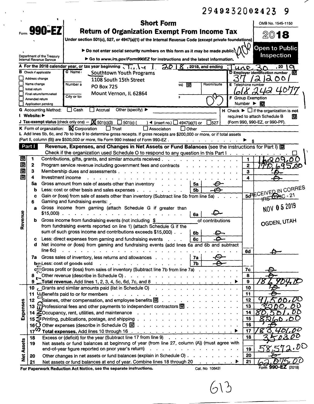 Image of first page of 2018 Form 990EZ for Southtown Youth Programs Center