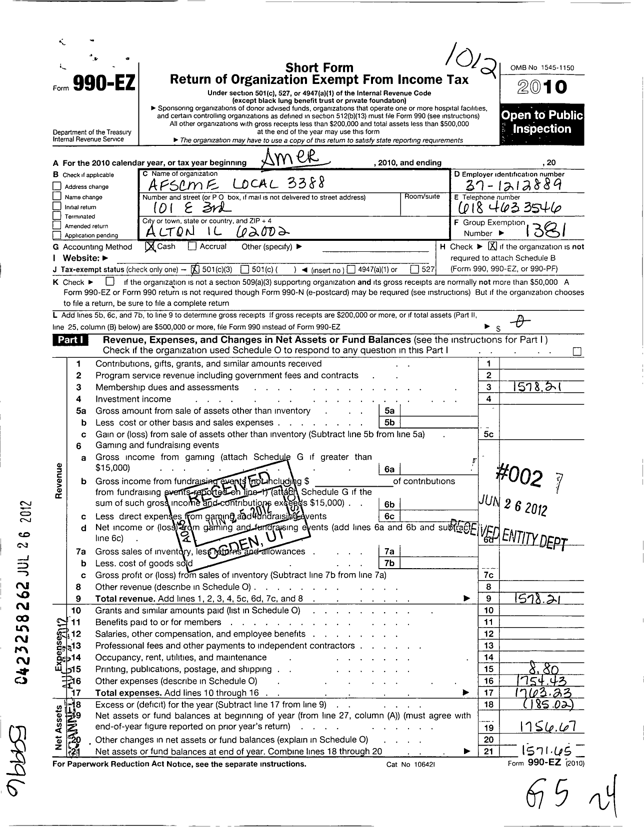 Image of first page of 2010 Form 990EZ for American Federation of State County & Municipal Employees - L3388il Alton Il City Employees