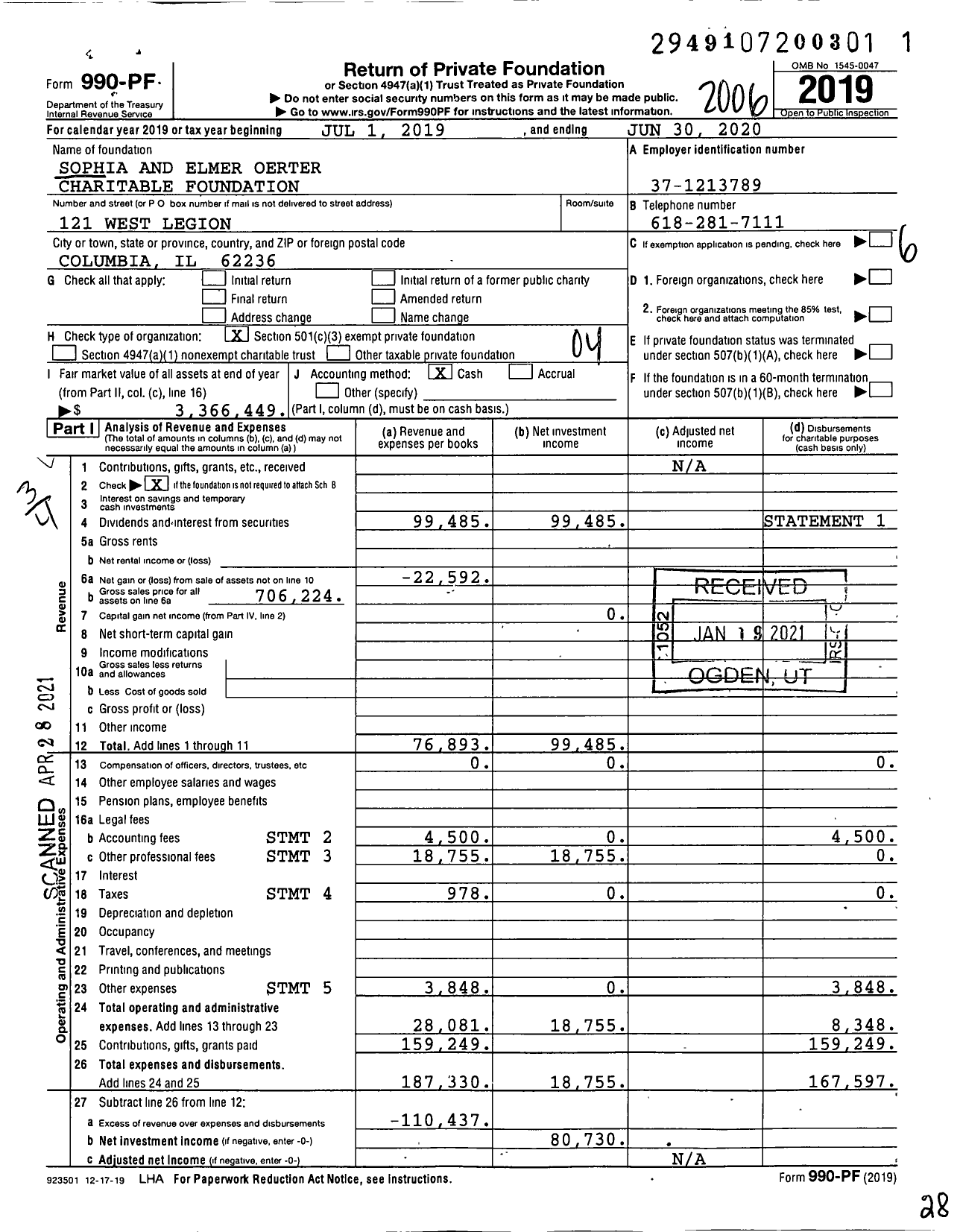 Image of first page of 2019 Form 990PF for Sophia and Elmer Oerter Charitable Foundation