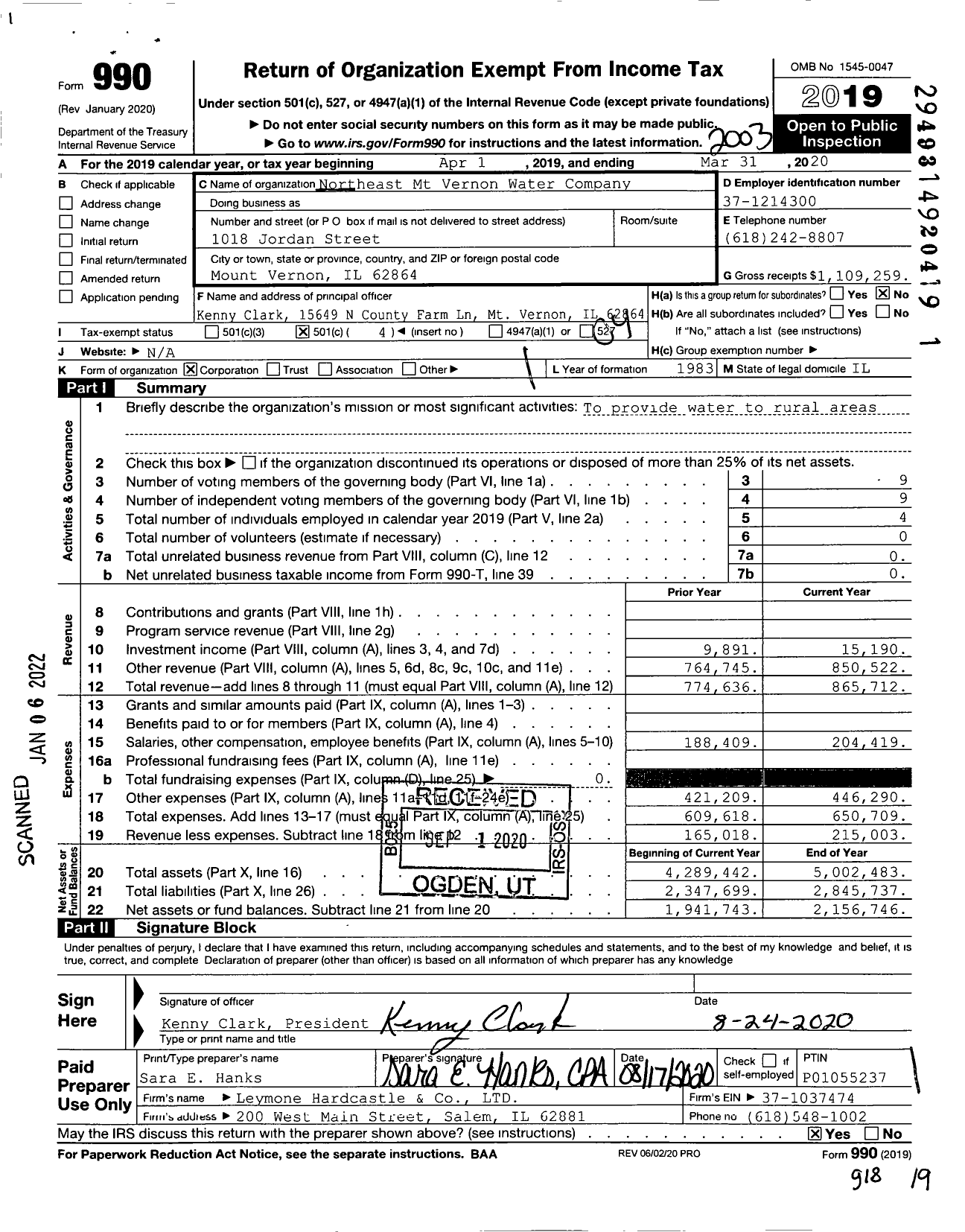 Image of first page of 2019 Form 990O for Ne Mt Vernon Water Company