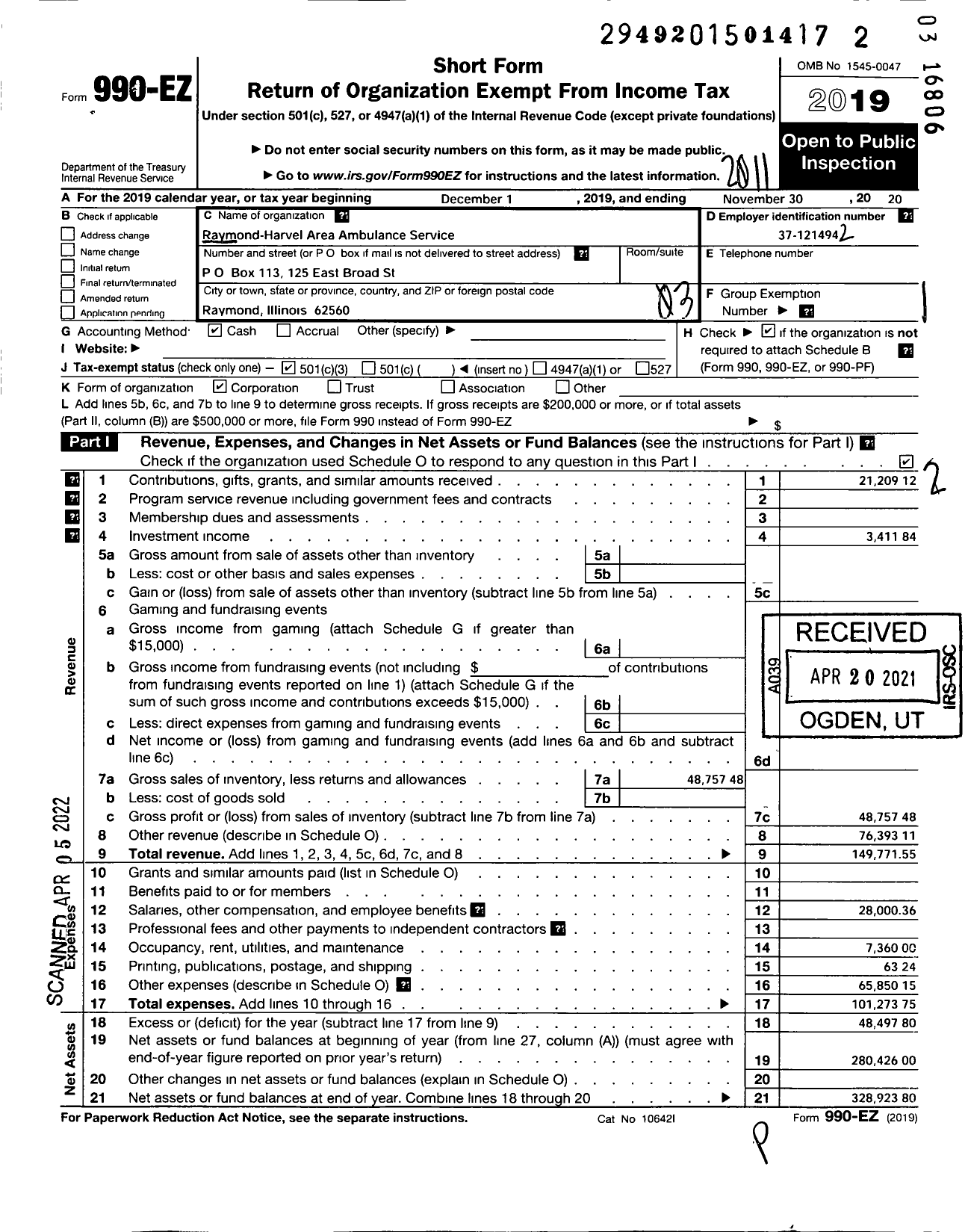 Image of first page of 2019 Form 990EZ for Raymond Harvel Area Ambulance Service