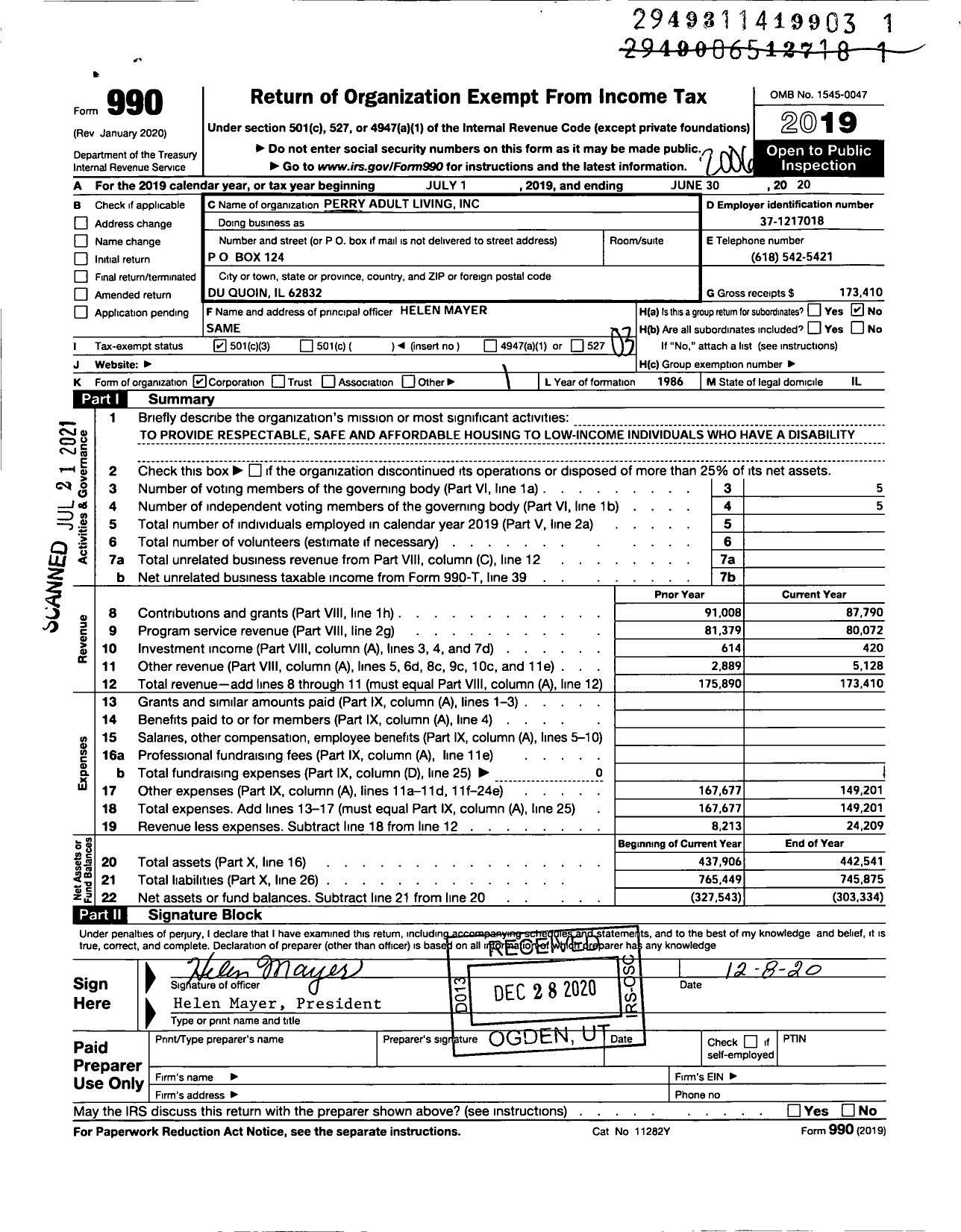 Image of first page of 2019 Form 990 for Perry Adult Living