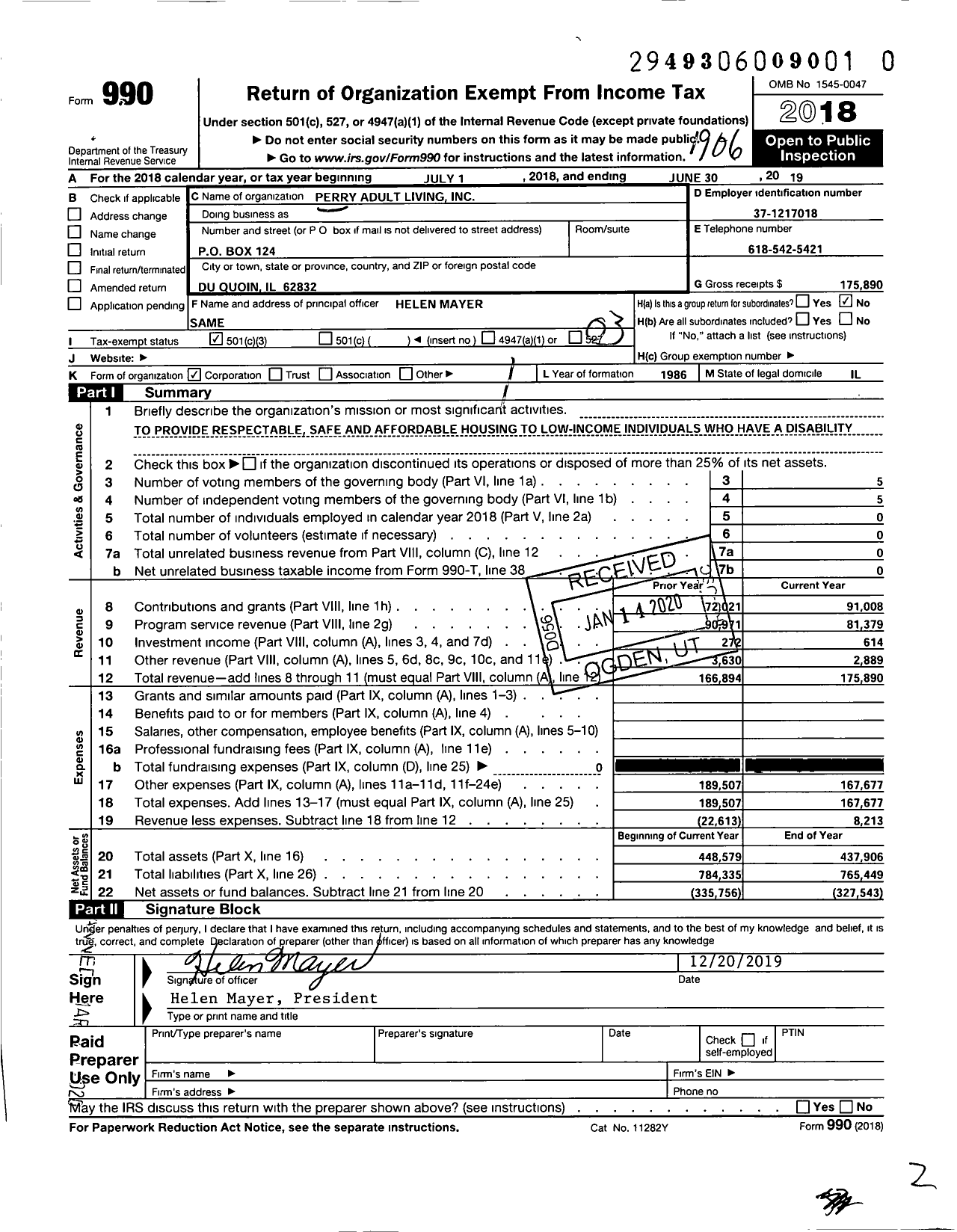 Image of first page of 2018 Form 990 for Perry Adult Living