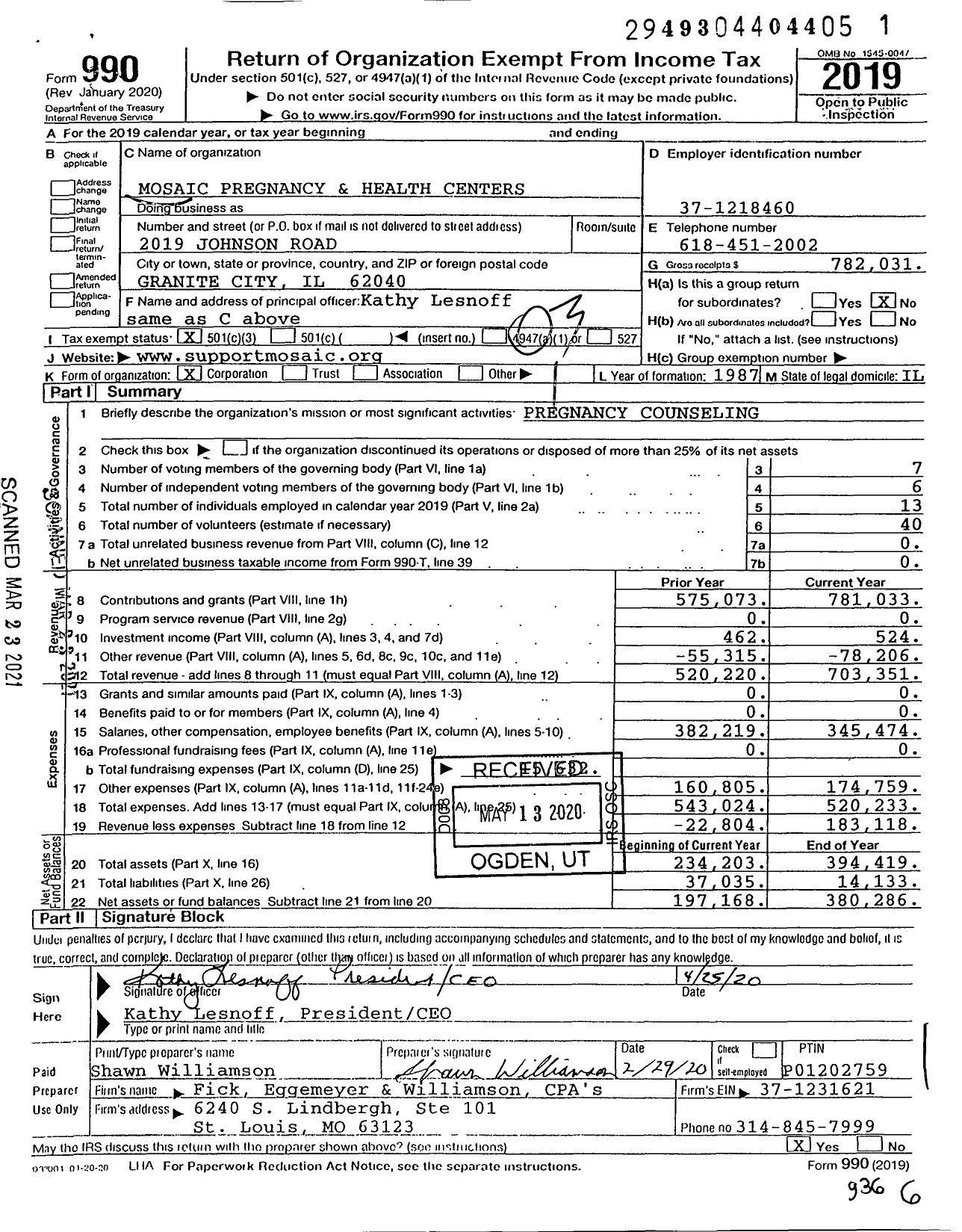 Image of first page of 2019 Form 990 for Mosaic Health / Mosaic Pregnancy