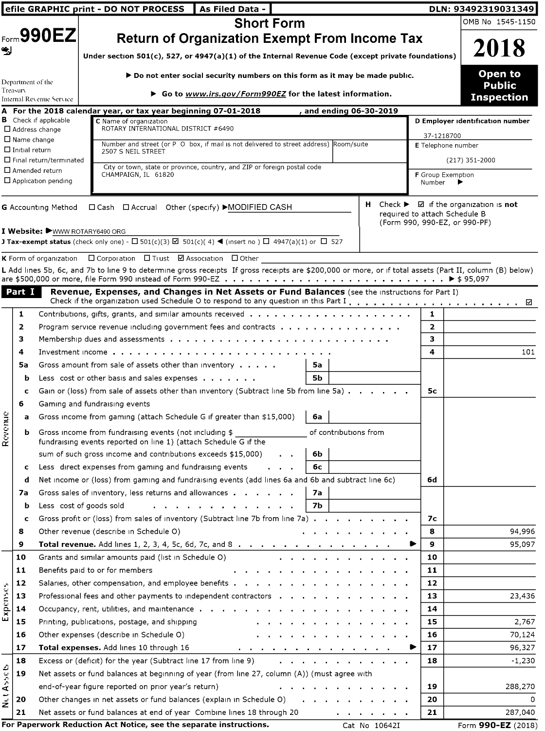 Image of first page of 2018 Form 990EO for Rotary International - 6490 District