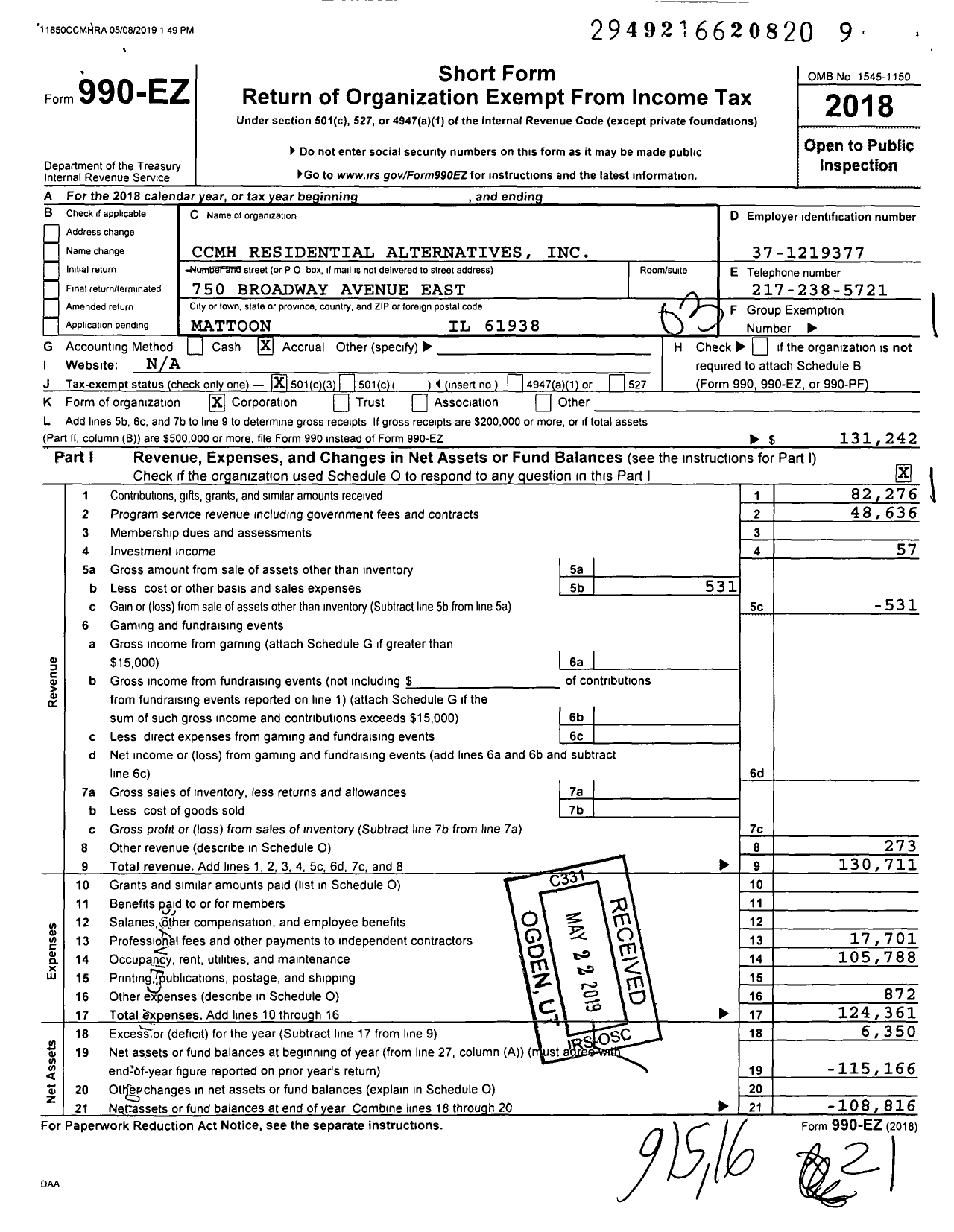 Image of first page of 2018 Form 990EZ for Coles County Mental Health Residential Alternatives