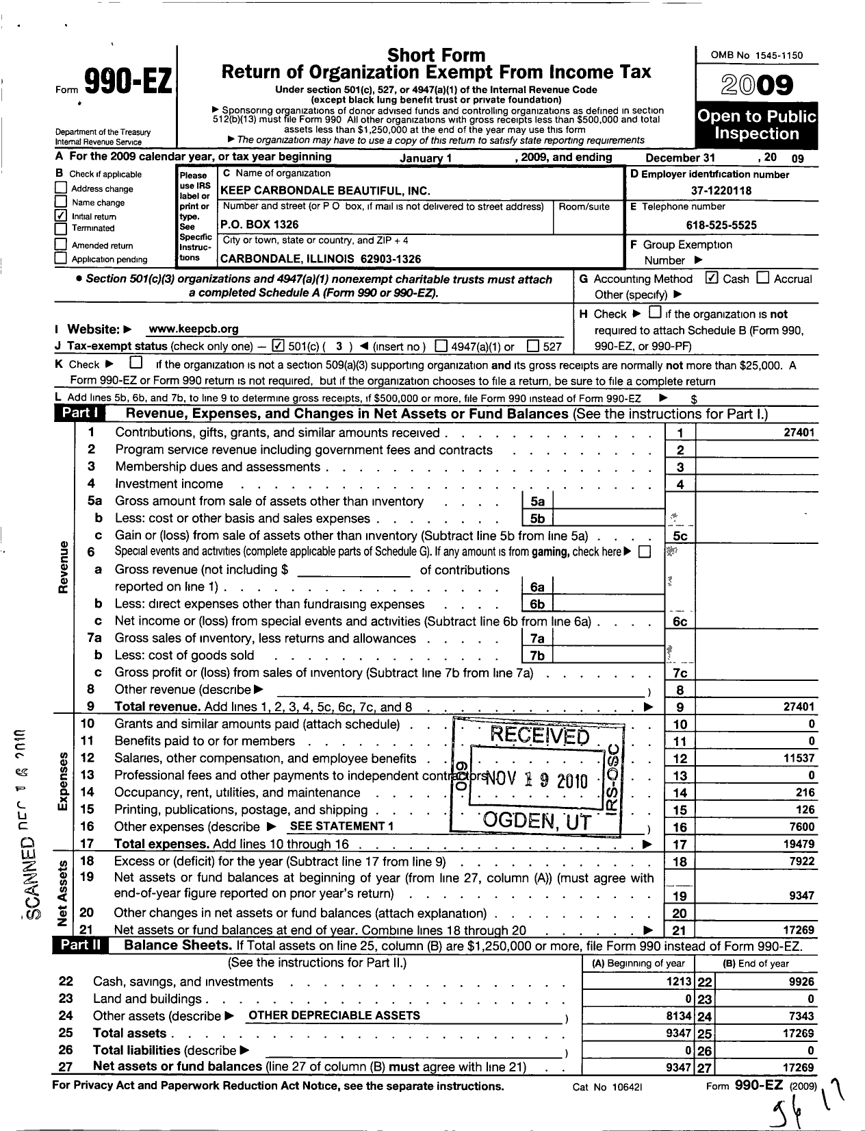 Image of first page of 2009 Form 990EZ for Keep Carbondale Beautiful