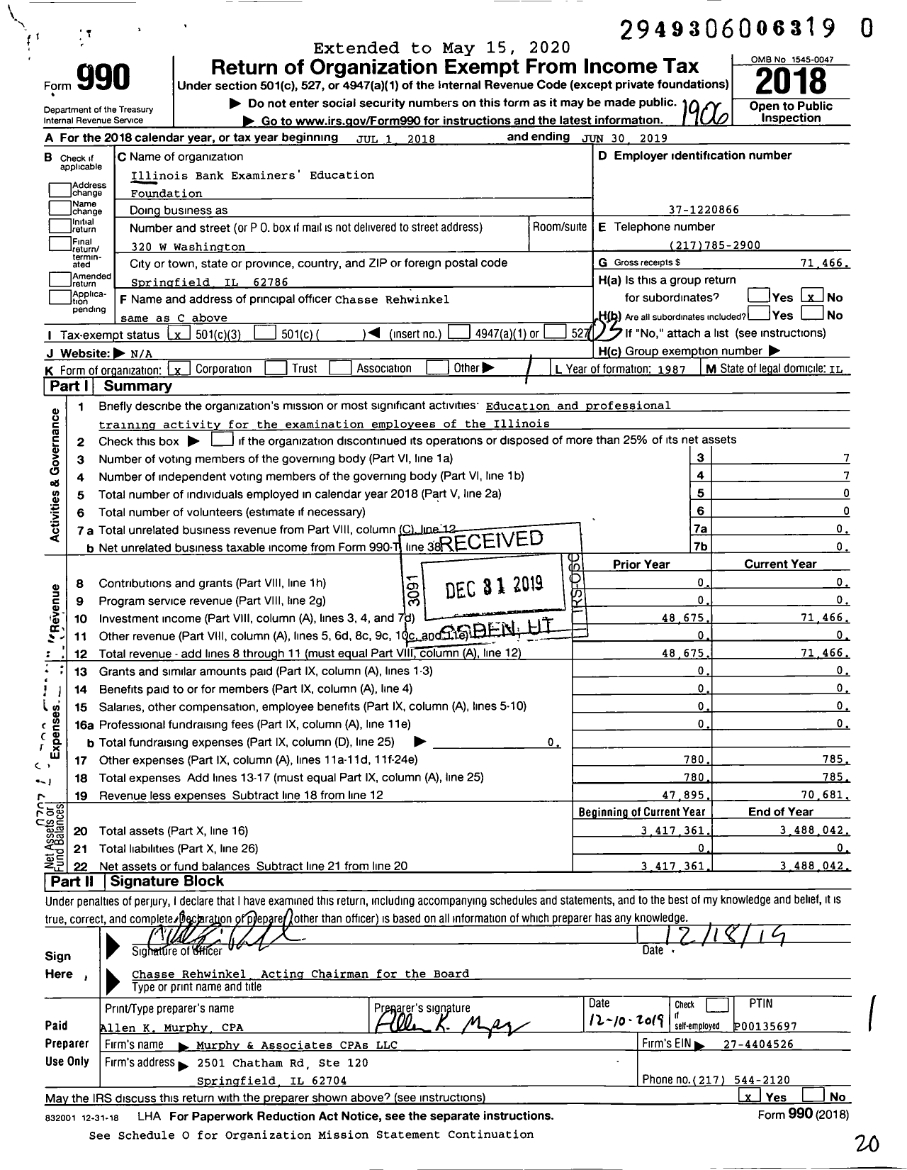 Image of first page of 2018 Form 990 for Illinois Bank Examiners' Education Foundation