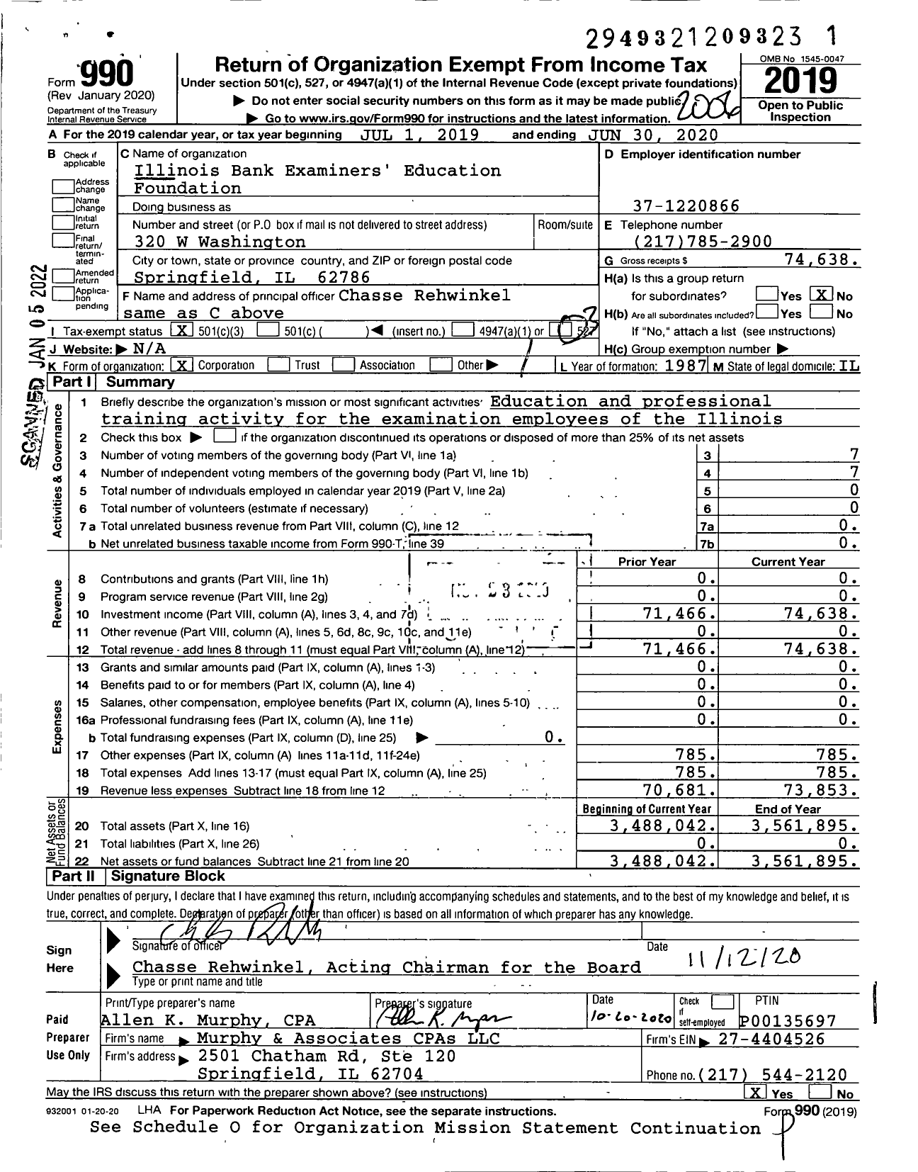 Image of first page of 2019 Form 990 for Illinois Bank Examiners' Education Foundation