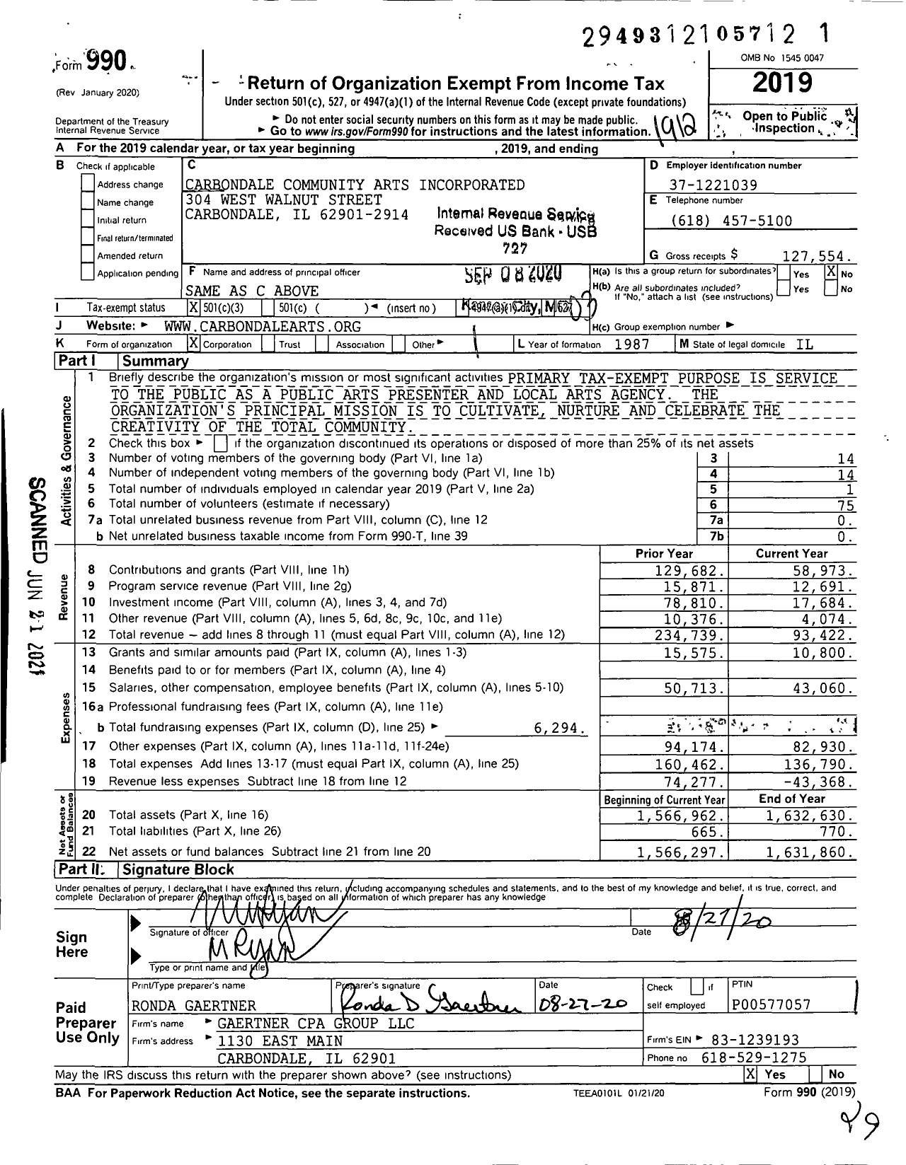 Image of first page of 2019 Form 990 for Carbondale Community Arts (CCA)