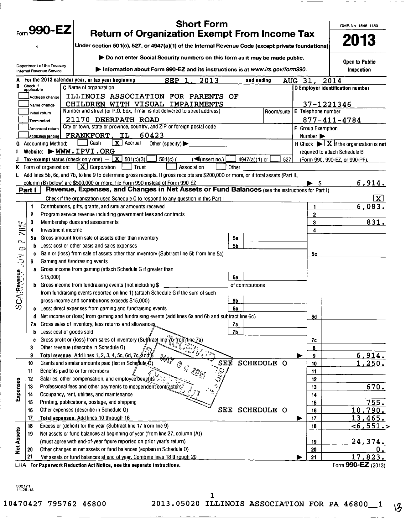 Image of first page of 2013 Form 990EZ for Illinois Association for Parents of Children with Visual Impairments I