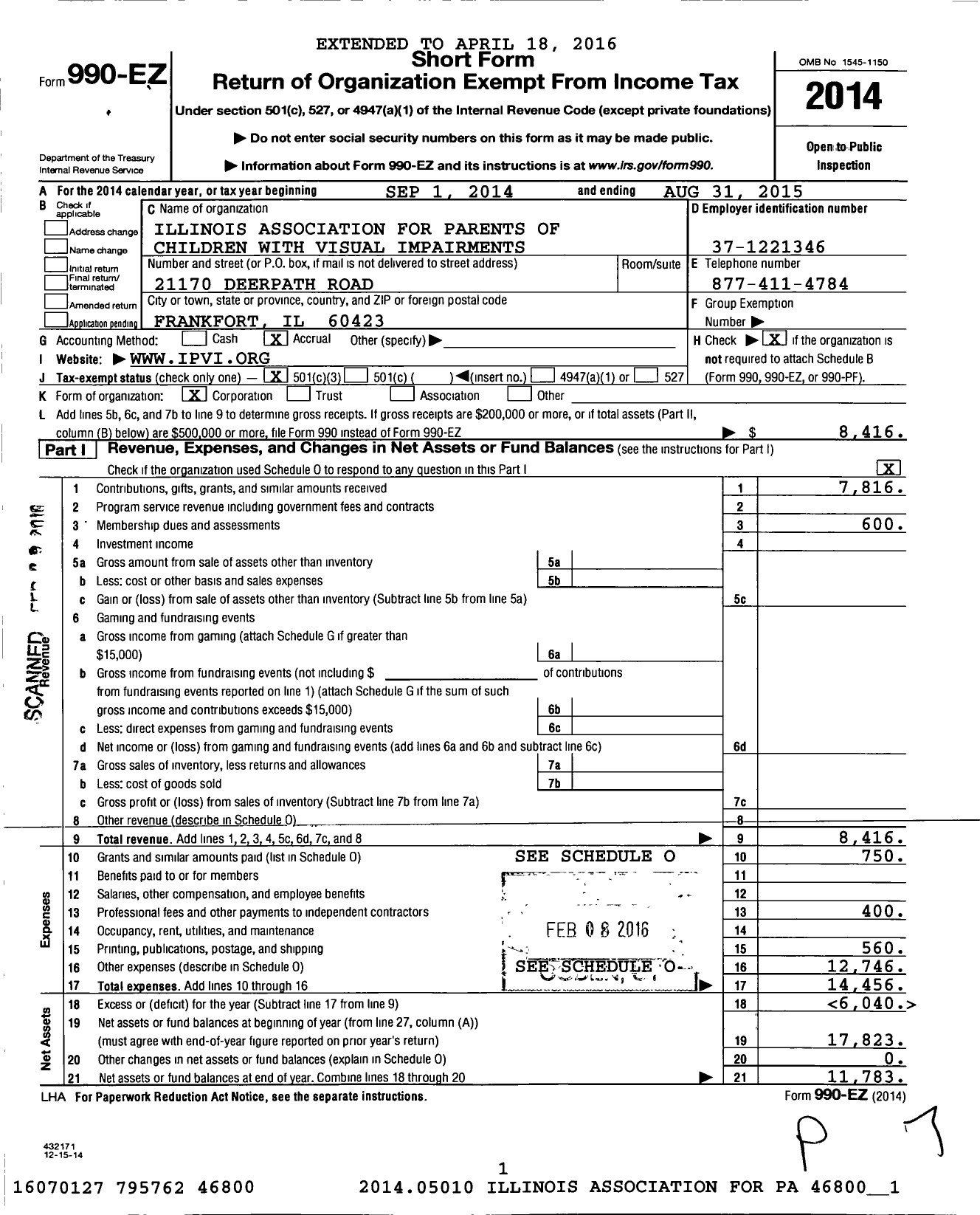 Image of first page of 2014 Form 990EZ for Illinois Association for Parents of Children with Visual Impairments I