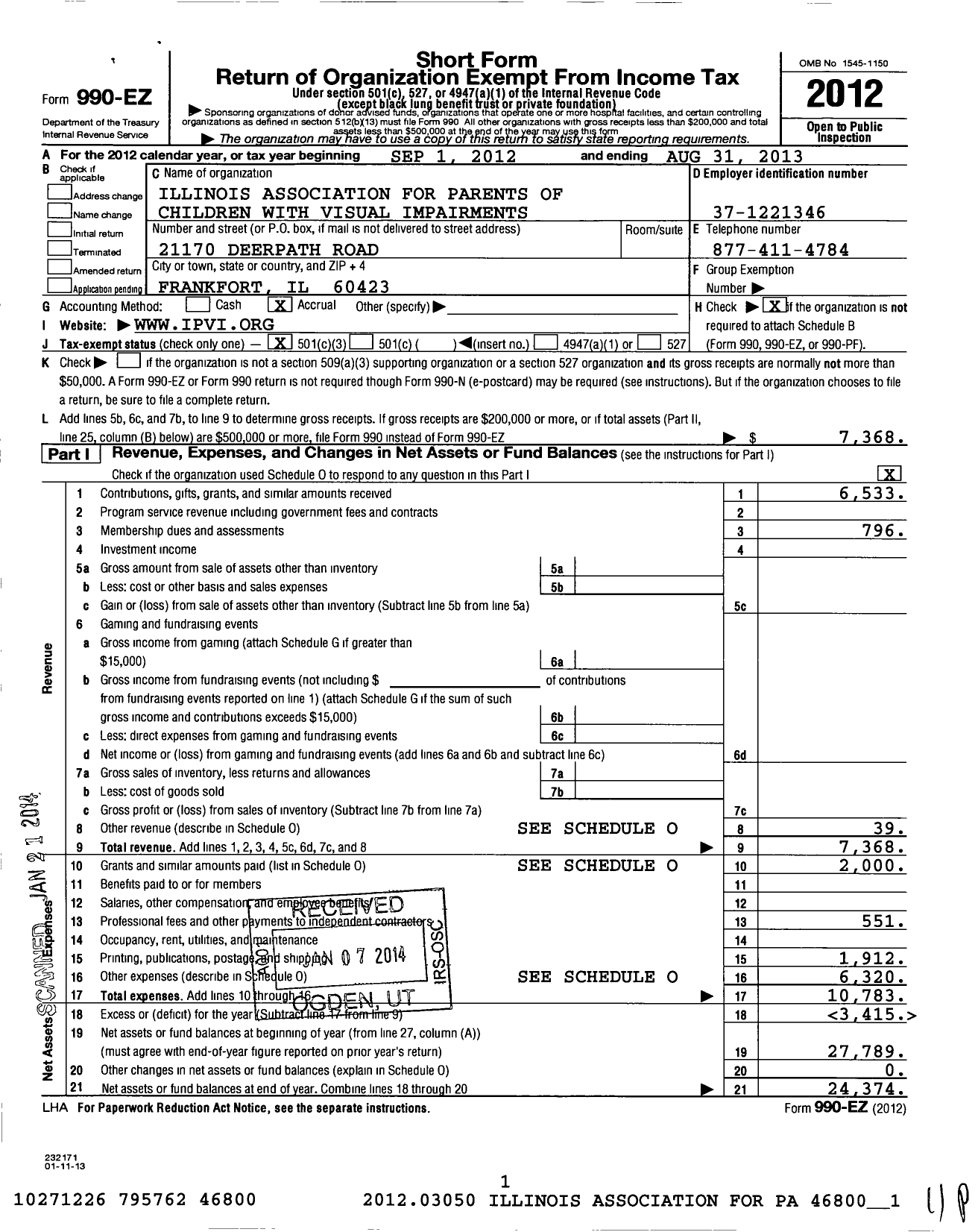 Image of first page of 2012 Form 990EZ for Illinois Association for Parents of Children with Visual Impairments I