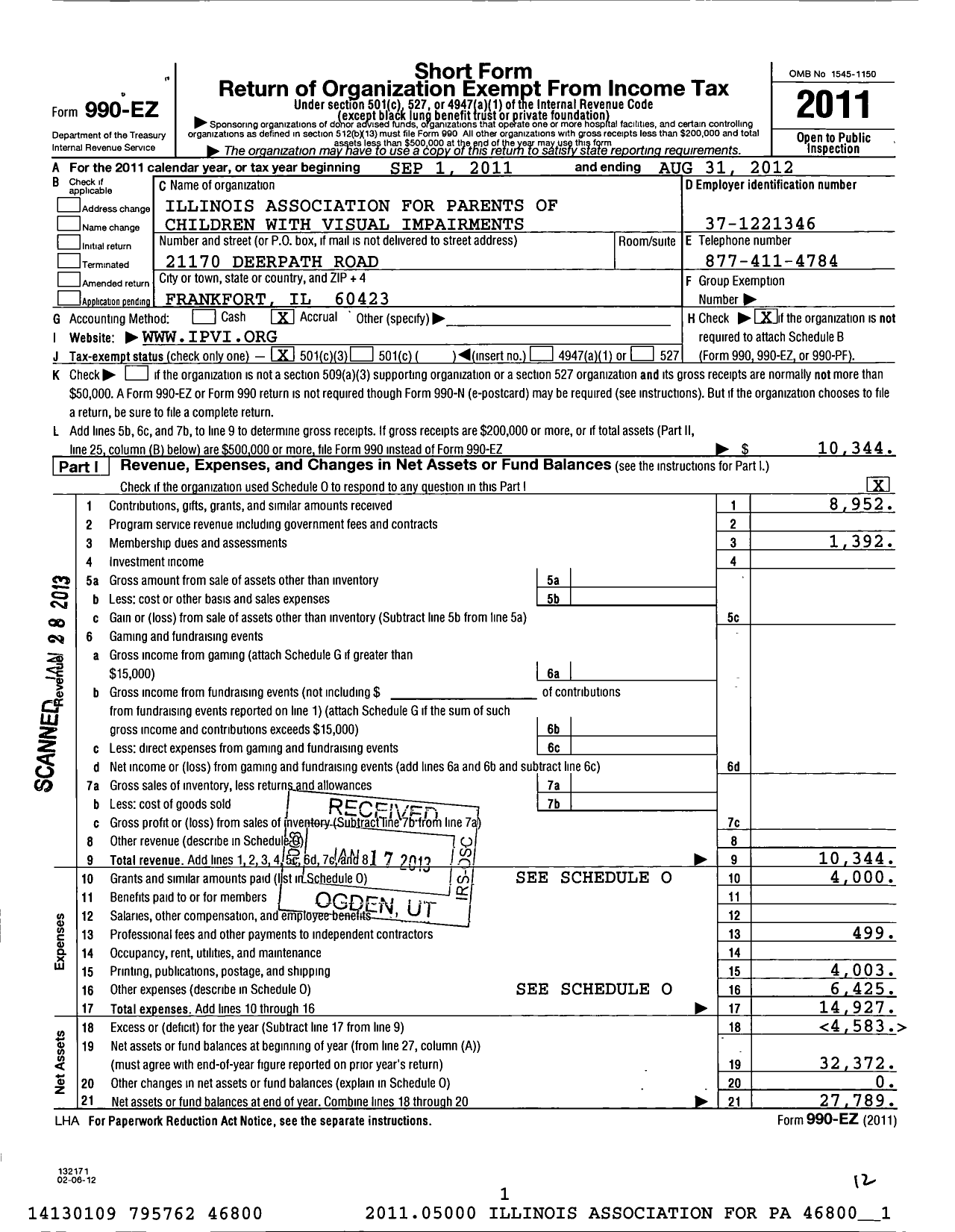 Image of first page of 2011 Form 990EZ for Illinois Association for Parents of Children with Visual Impairments I