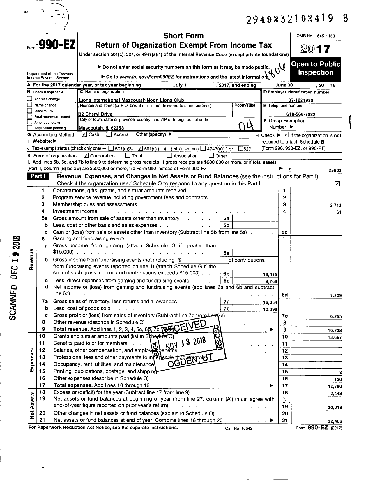 Image of first page of 2017 Form 990EO for Lions Clubs - 38541 Mascoutah Noon Lions Club