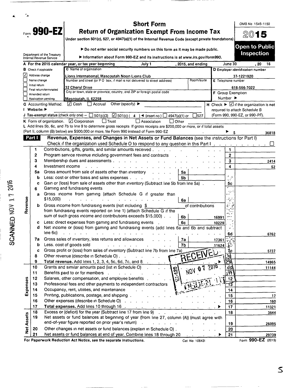 Image of first page of 2015 Form 990EO for Lions Clubs - 38541 Mascoutah Noon Lions Club