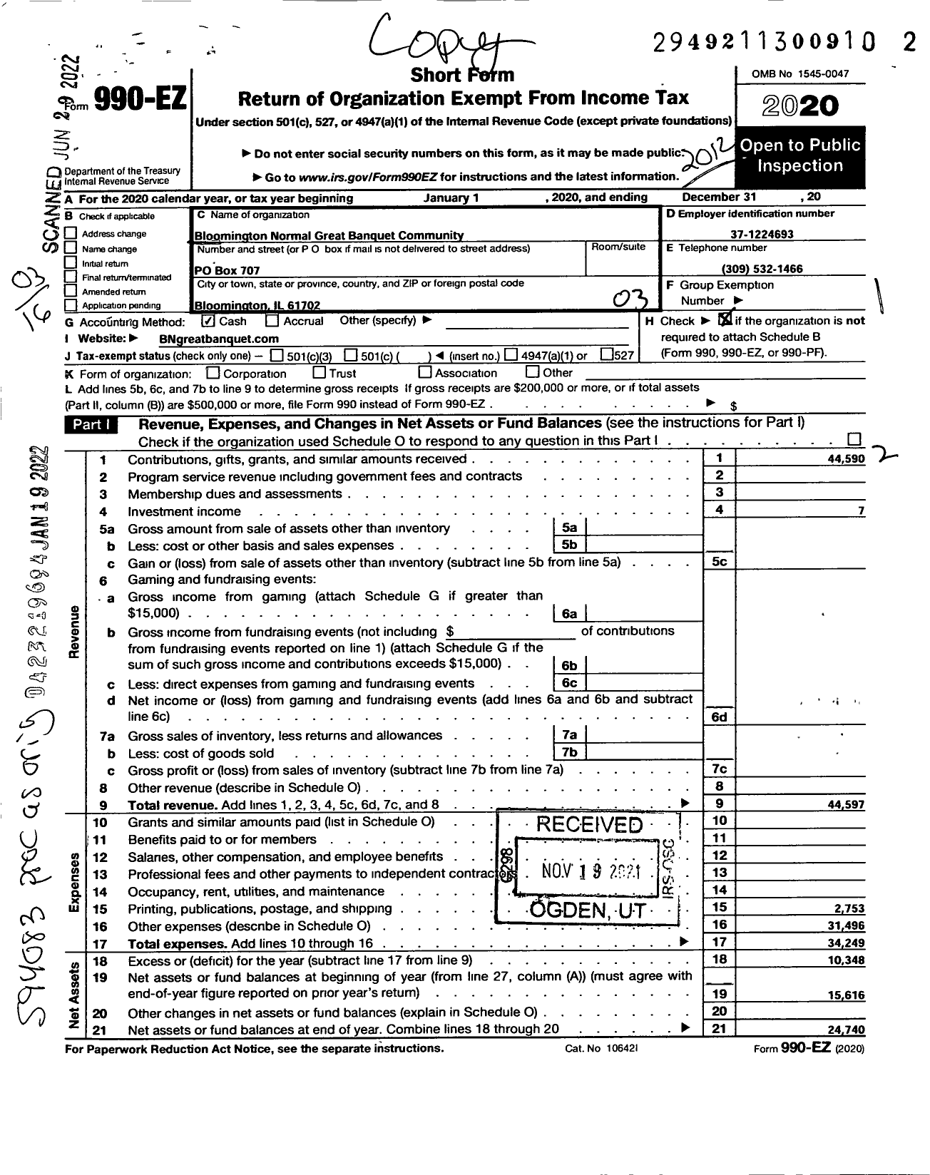 Image of first page of 2020 Form 990EZ for Bloomington Normal Great Banquet Community