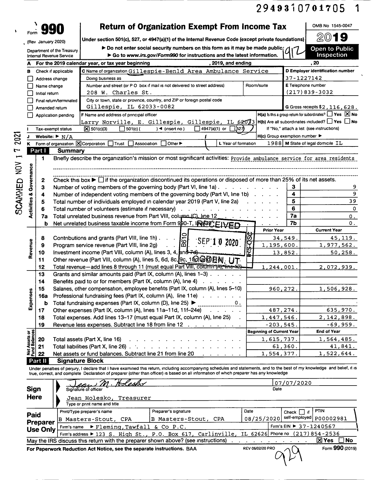 Image of first page of 2019 Form 990 for Gillespie-Benld Area Ambulance Service