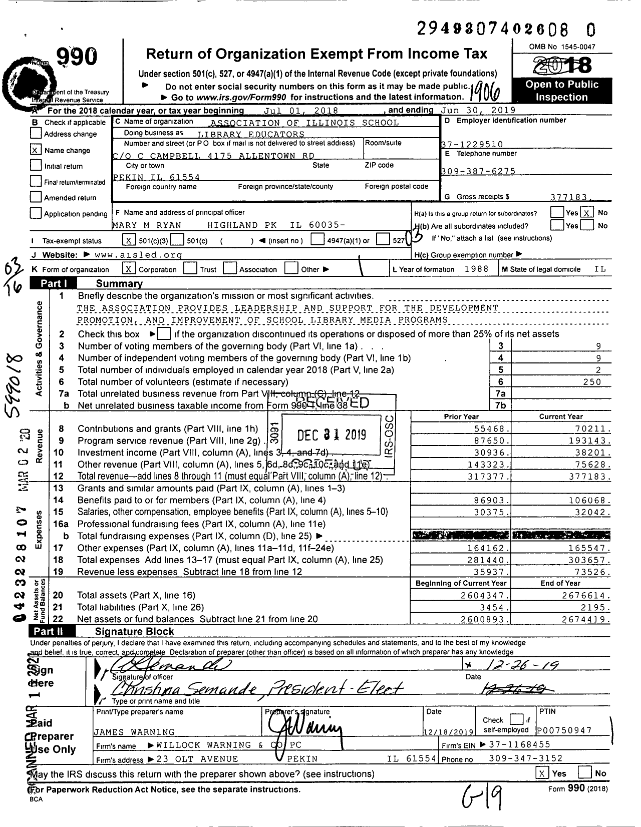 Image of first page of 2018 Form 990 for Association of Illinois School Library Educators