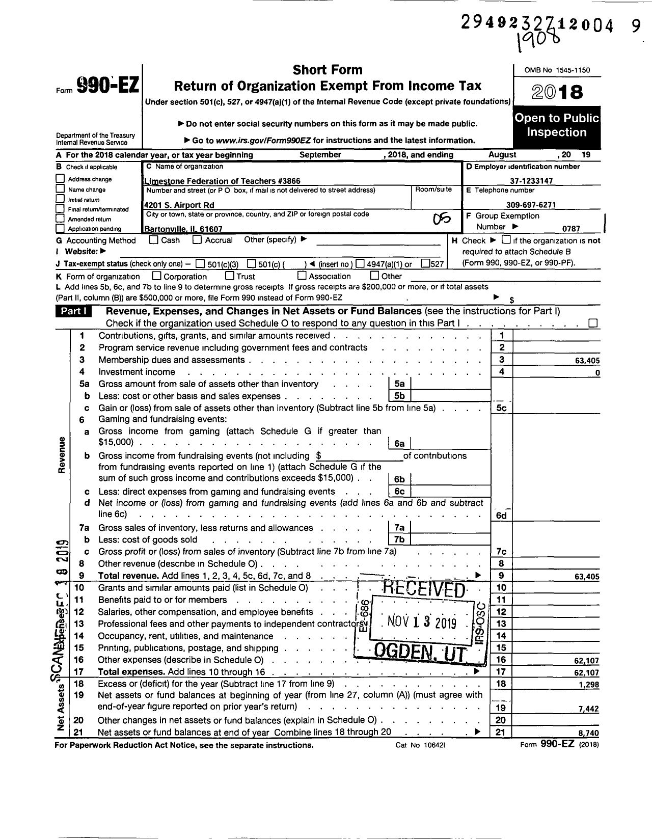 Image of first page of 2018 Form 990EO for American Federation of Teachers - 3866 Limestone Aft