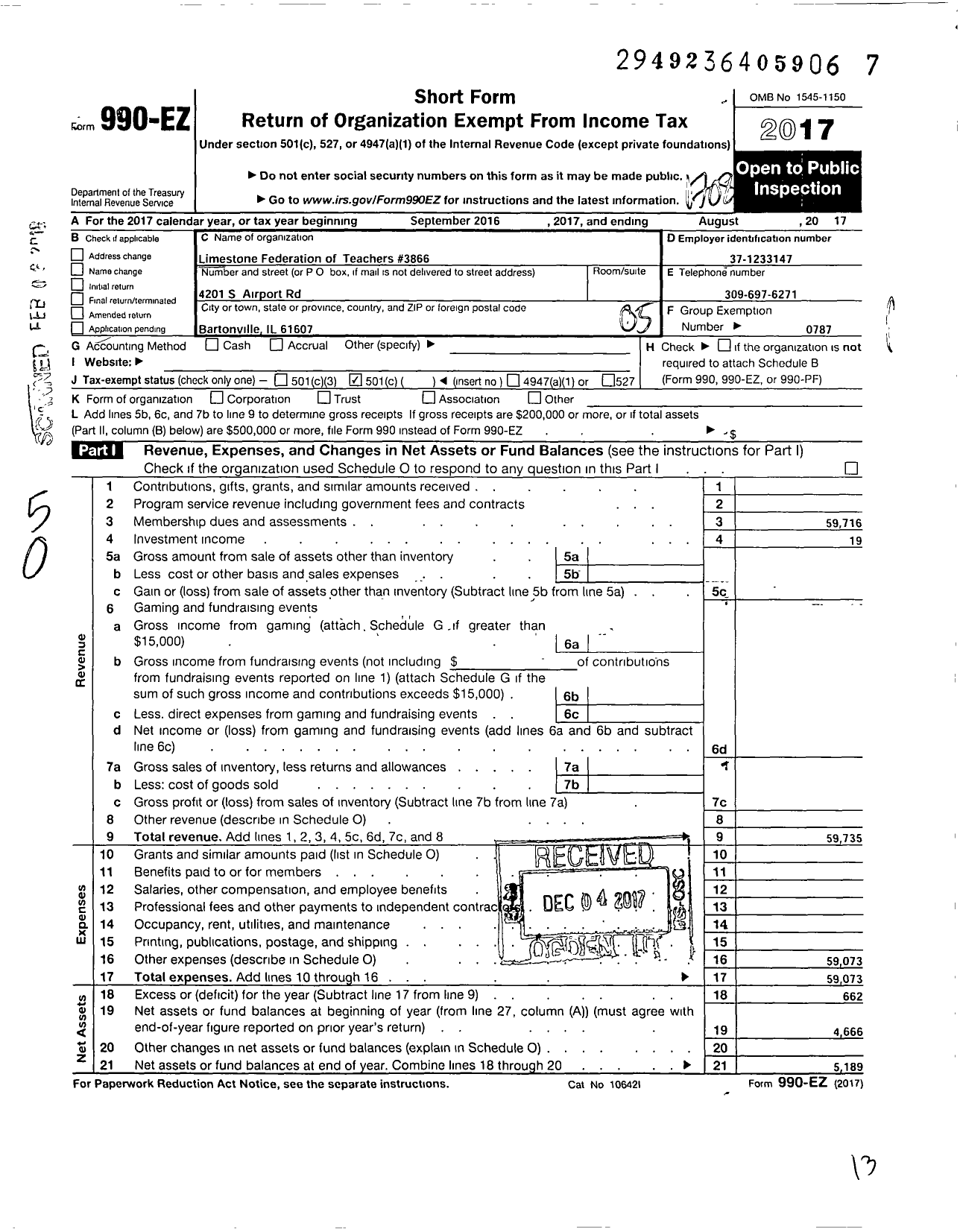 Image of first page of 2016 Form 990EO for American Federation of Teachers - 3866 Limestone Aft