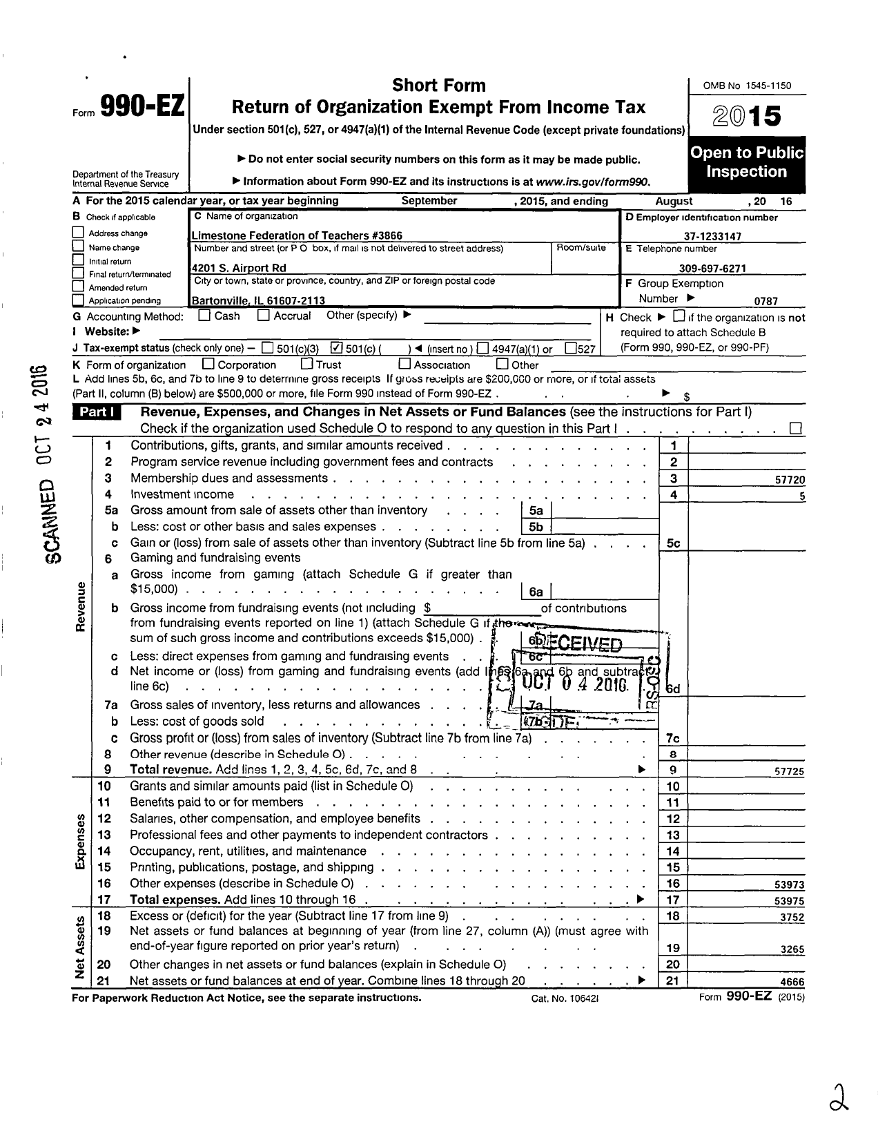 Image of first page of 2015 Form 990EO for American Federation of Teachers - 3866 Limestone Aft