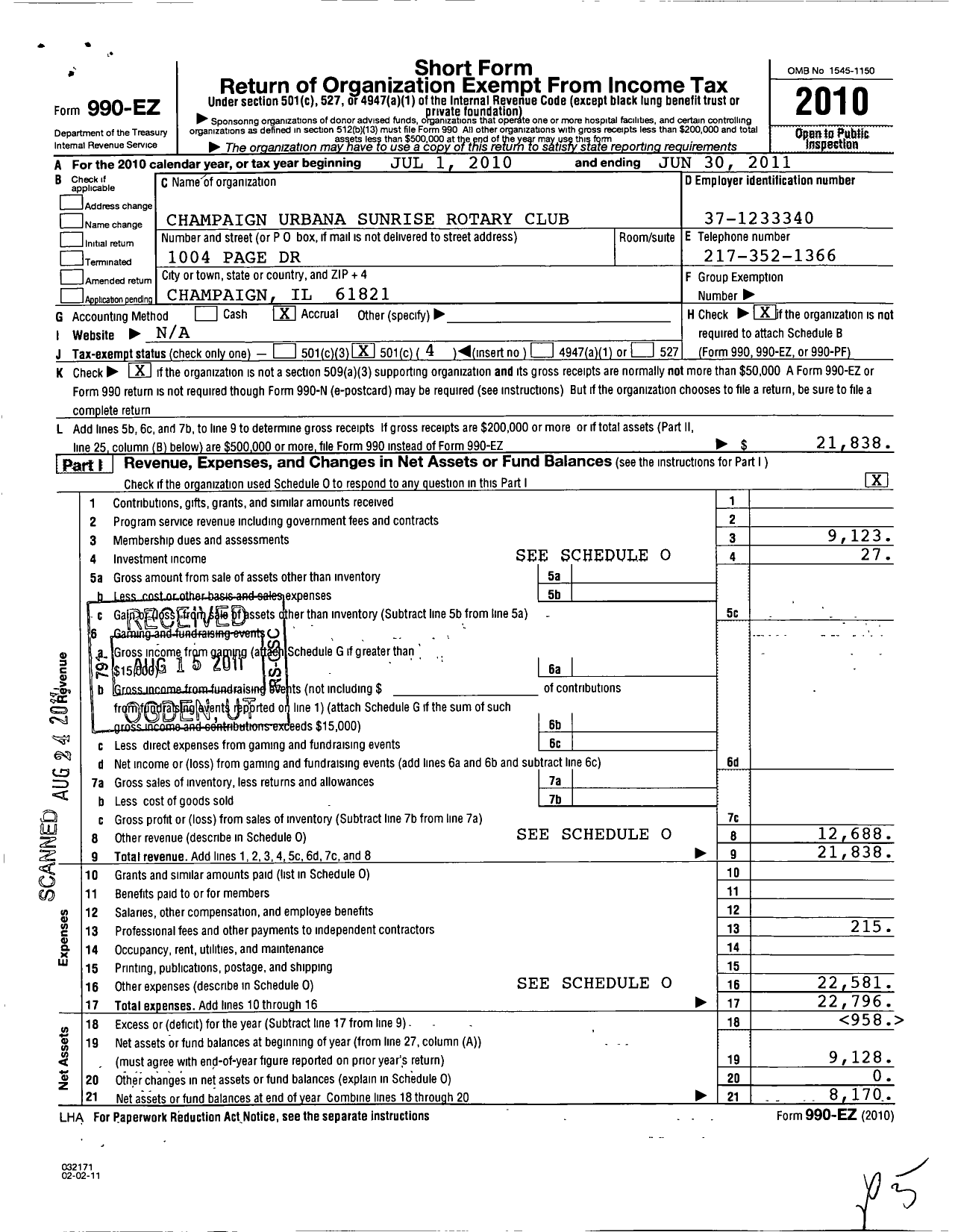 Image of first page of 2010 Form 990EO for Rotary International - Champaign-Urbana Sunrise RC