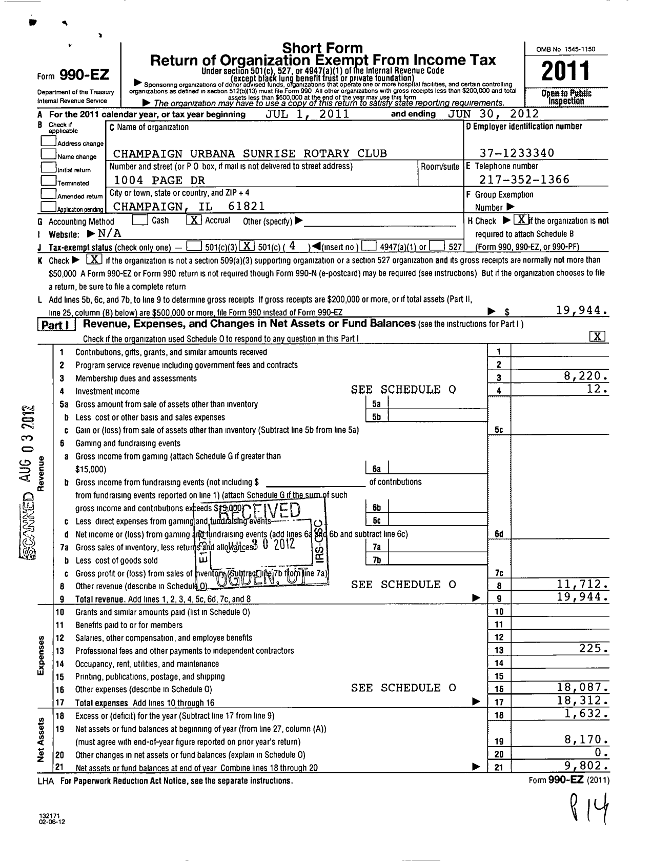 Image of first page of 2011 Form 990EO for Rotary International - Champaign-Urbana Sunrise RC