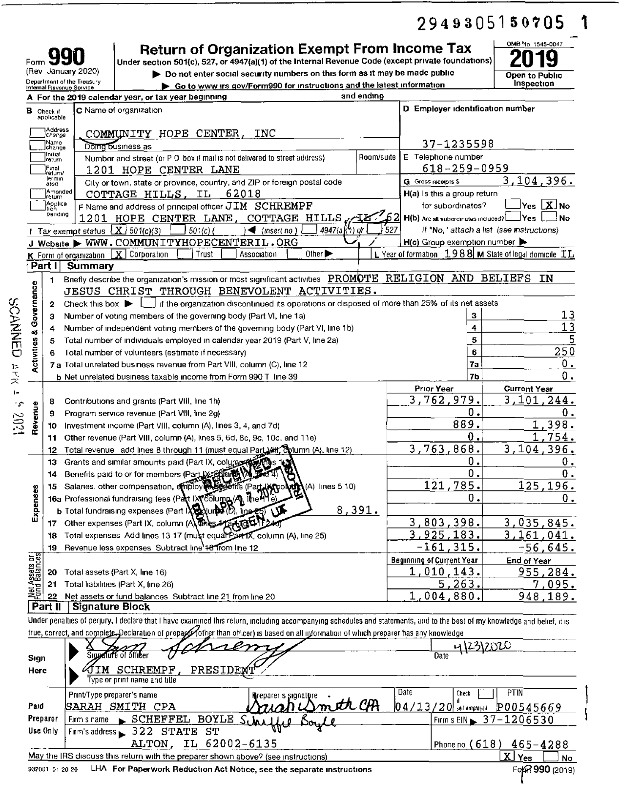 Image of first page of 2019 Form 990 for Community Hope Center