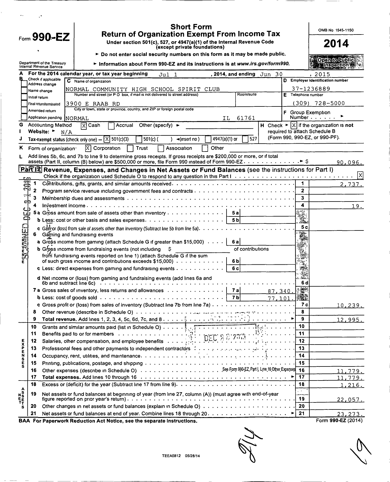 Image of first page of 2014 Form 990EZ for Normal Community High School Spirit Club