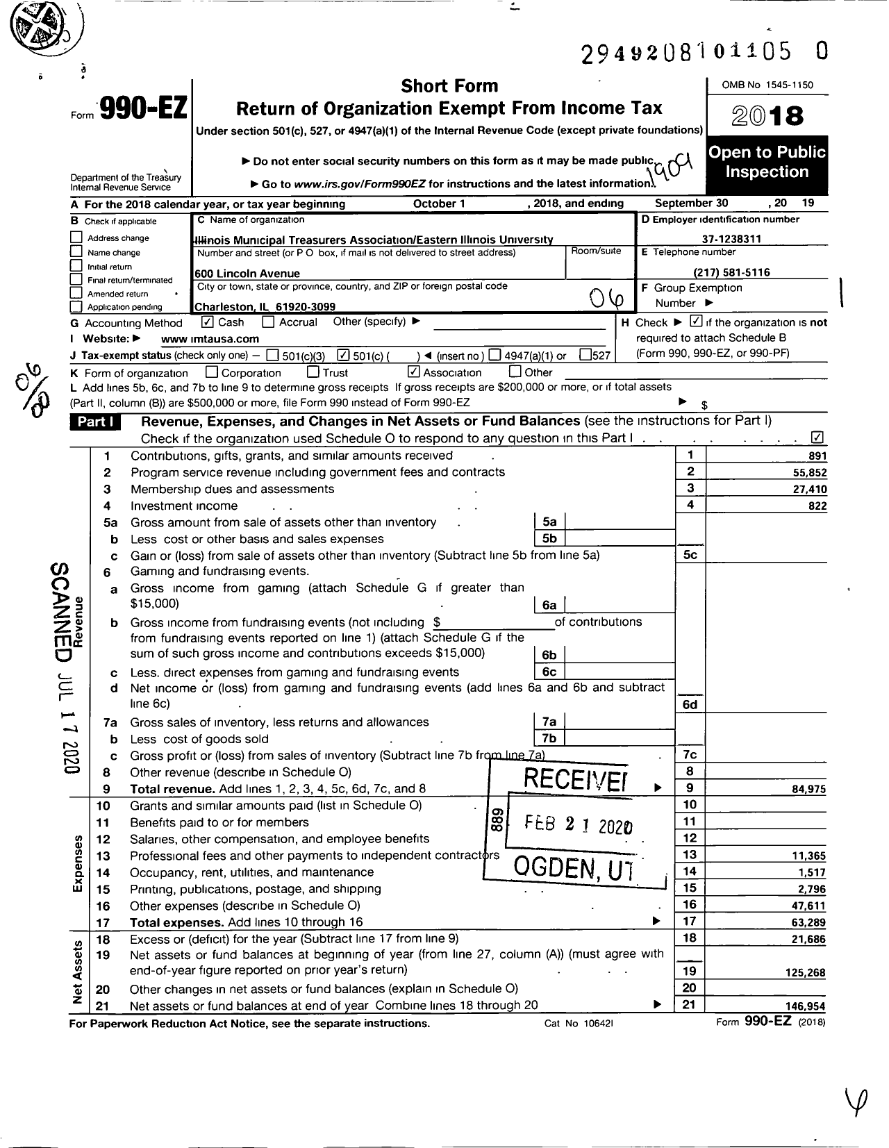 Image of first page of 2018 Form 990EO for Illinois Municipal Treasurers Association