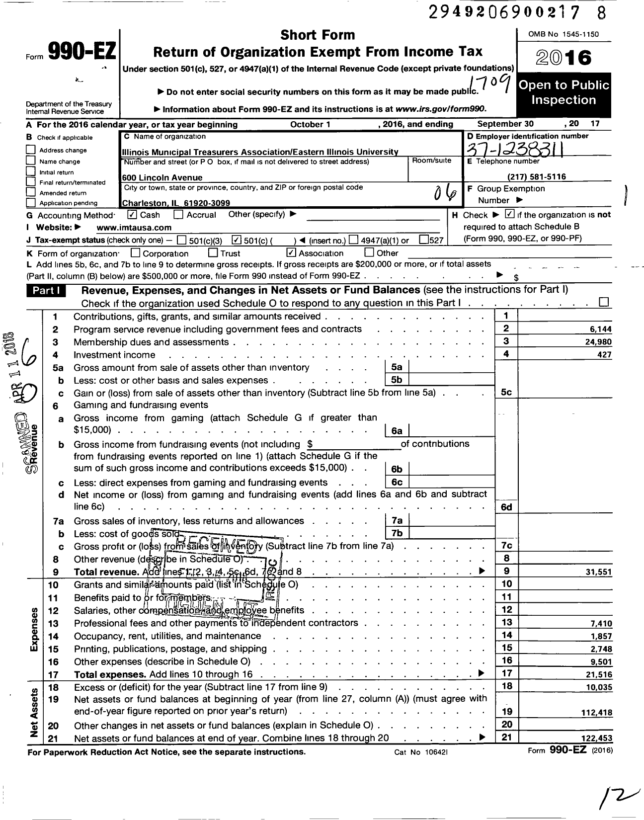 Image of first page of 2016 Form 990EO for Illinois Municipal Treasurers Association