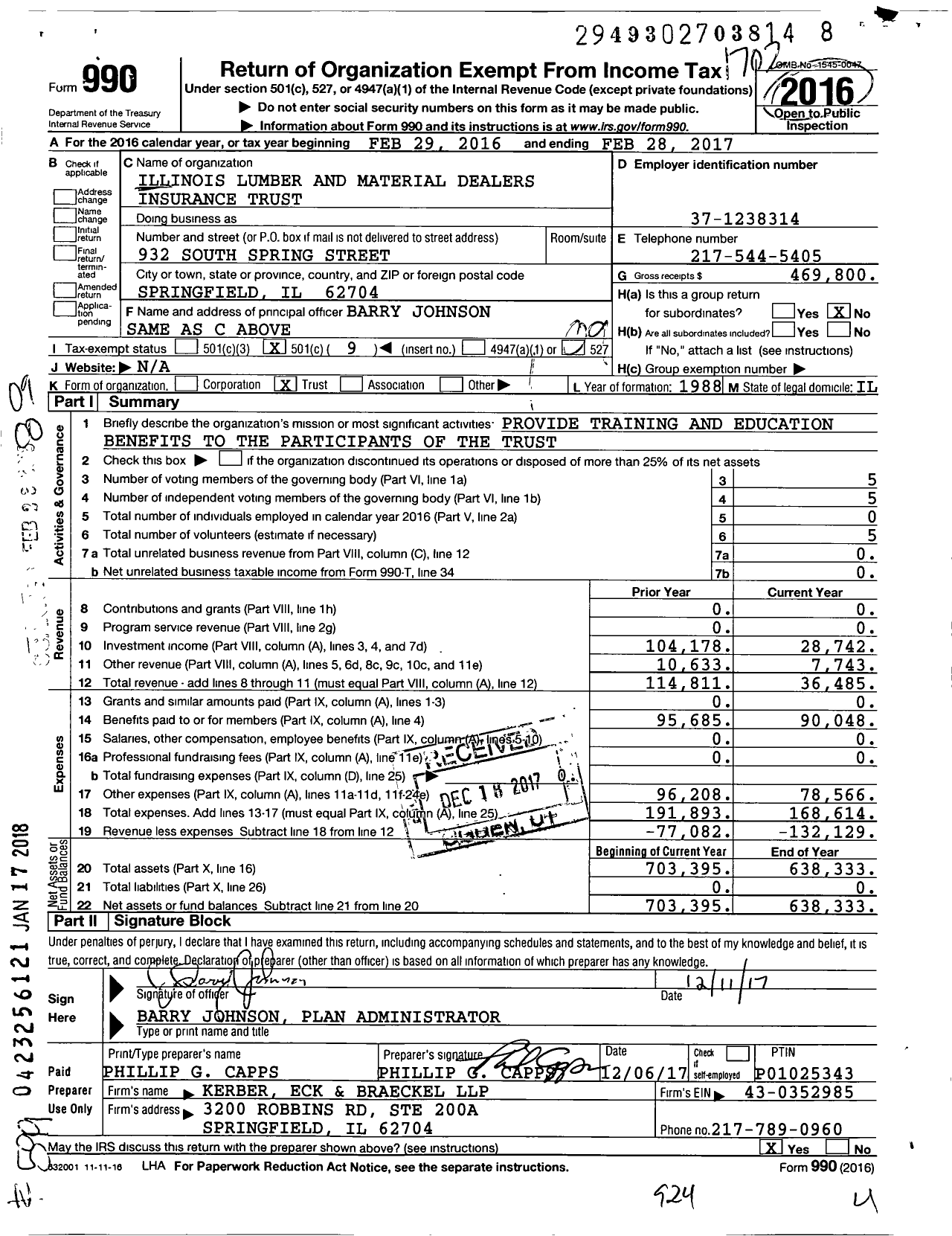 Image of first page of 2016 Form 990O for Illinois Lumber and Material Dealers Insurance Trust