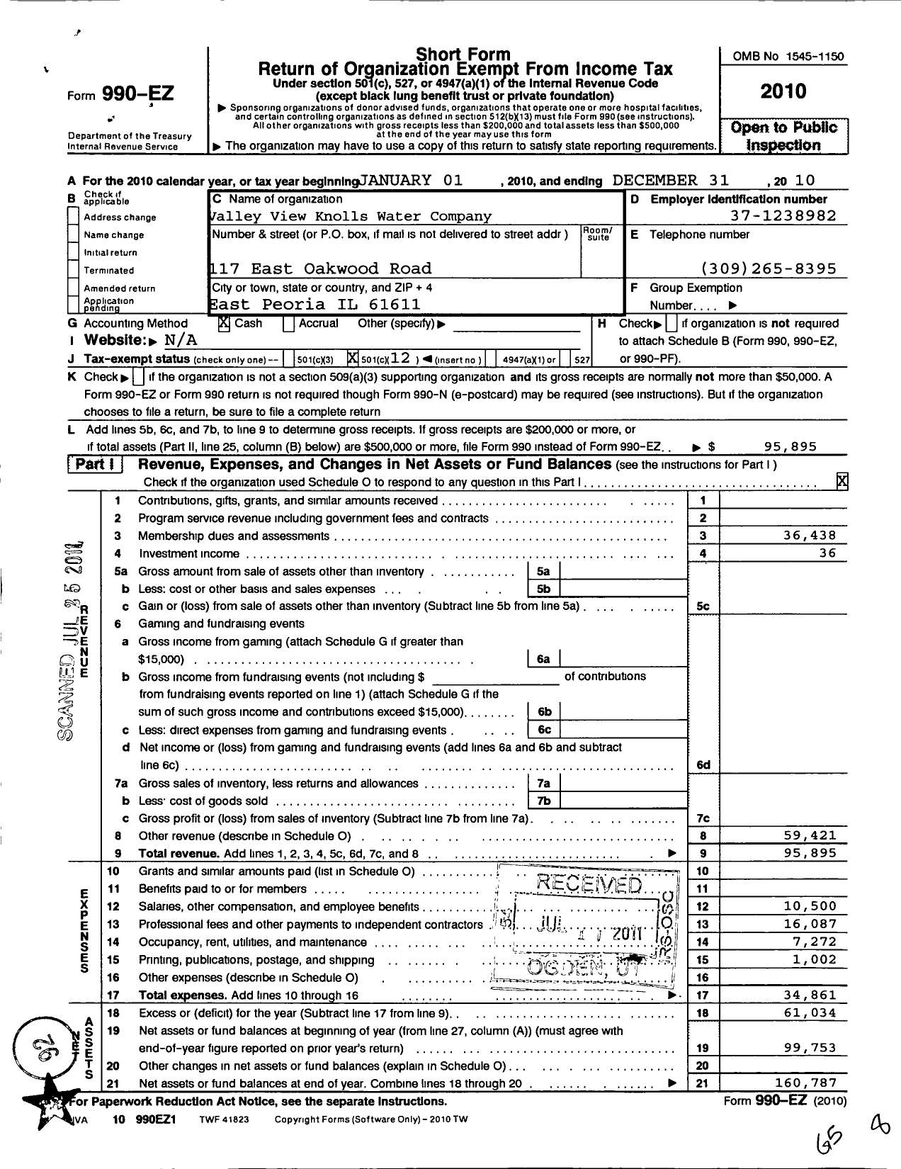 Image of first page of 2010 Form 990EO for Valley View Knolls Water Company