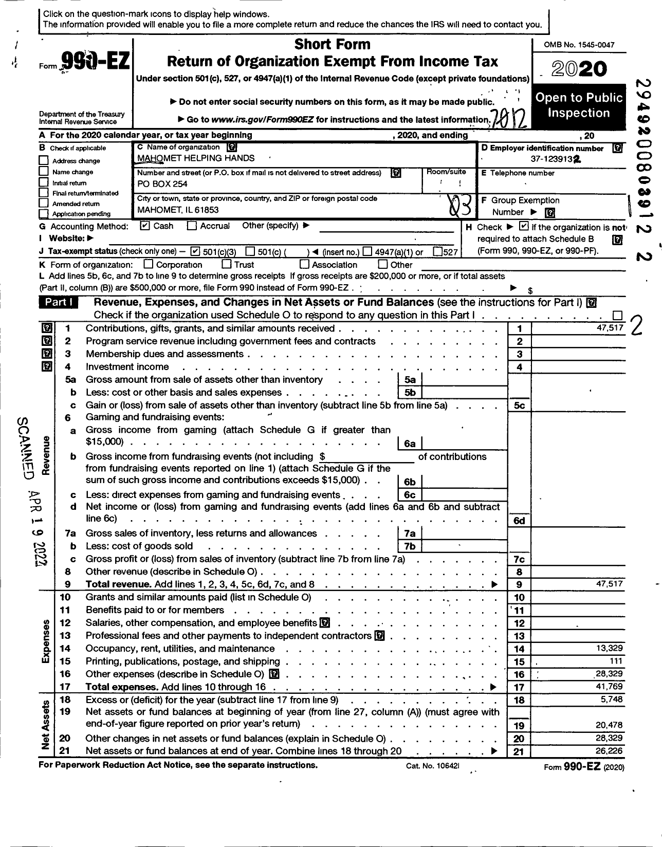 Image of first page of 2020 Form 990EZ for Mahomet Helping Hands