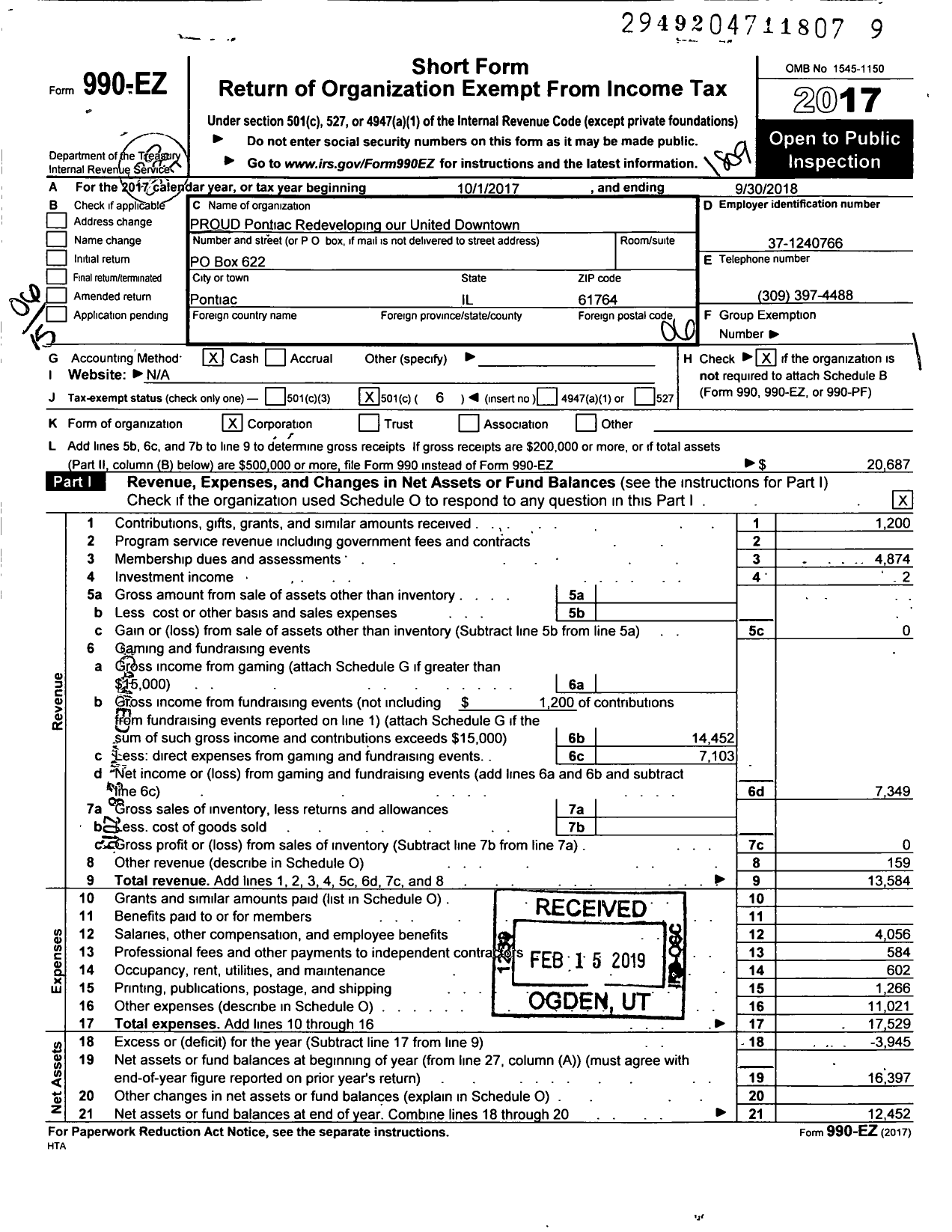 Image of first page of 2017 Form 990EO for PROUD Pontiac Redeveloping Our United Downtown